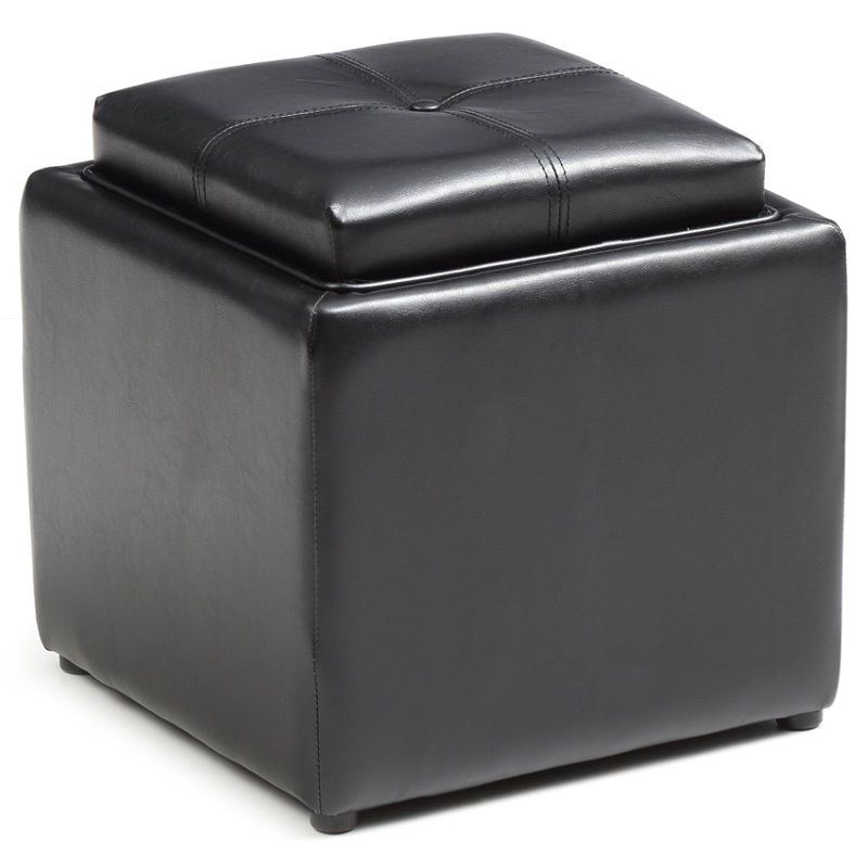 Single Storage Ottoman with 1 Flip over Serving Tray in Black - Hodedah