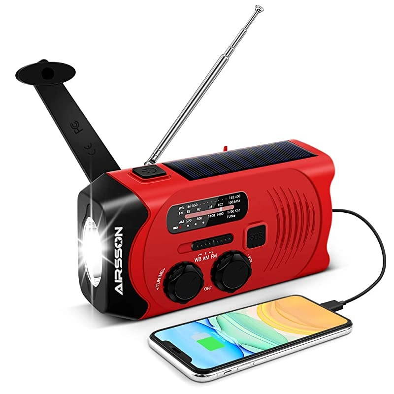 SOS 2000mAh Emergency Solar Hand Crank Portable RadioNOAA Weather Radio for Household and Emergency with AMFMLED FlashlightReading LampUSB ChargerBattery Indicator Red