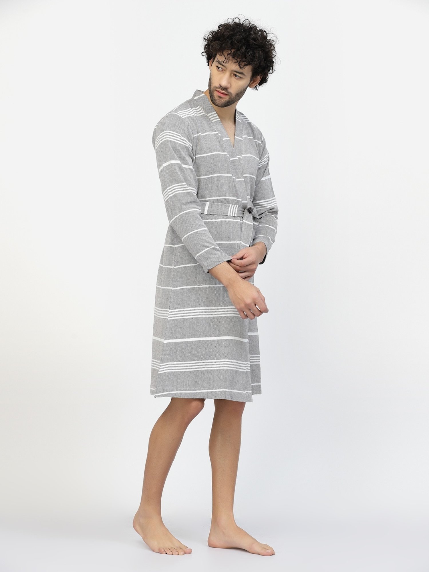 Klotthe Stripes Grey 210 GSM Cotton Bath Robe with Belt