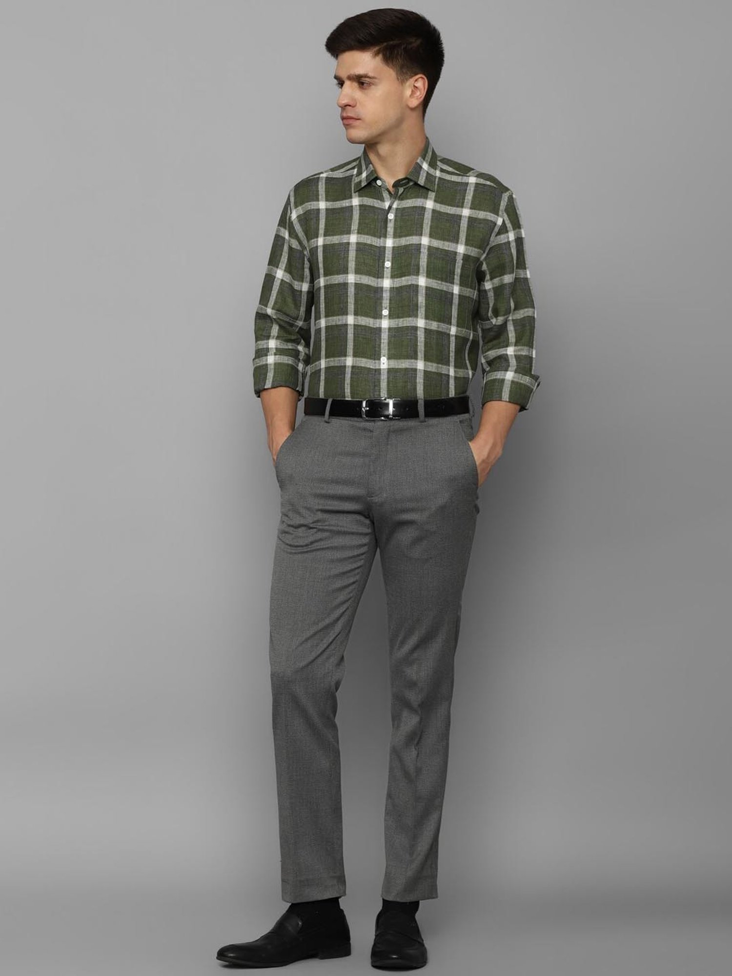 Luxure By Louis Philippe Olive Linen Regular Fit Checks Shirt