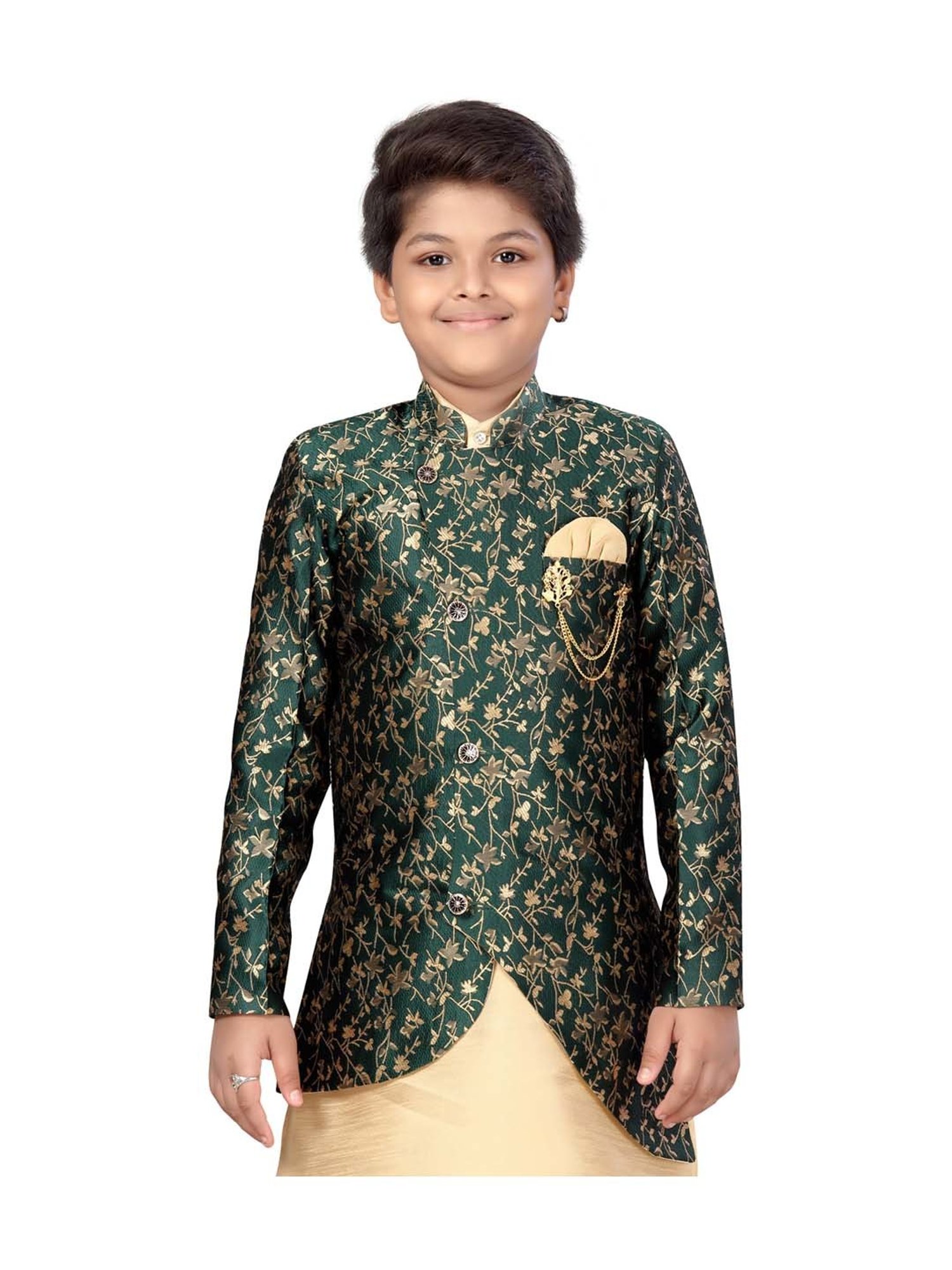Ahhaaaa Kids Green & Beige Cotton Floral Print Full Sleeves Kurta Set