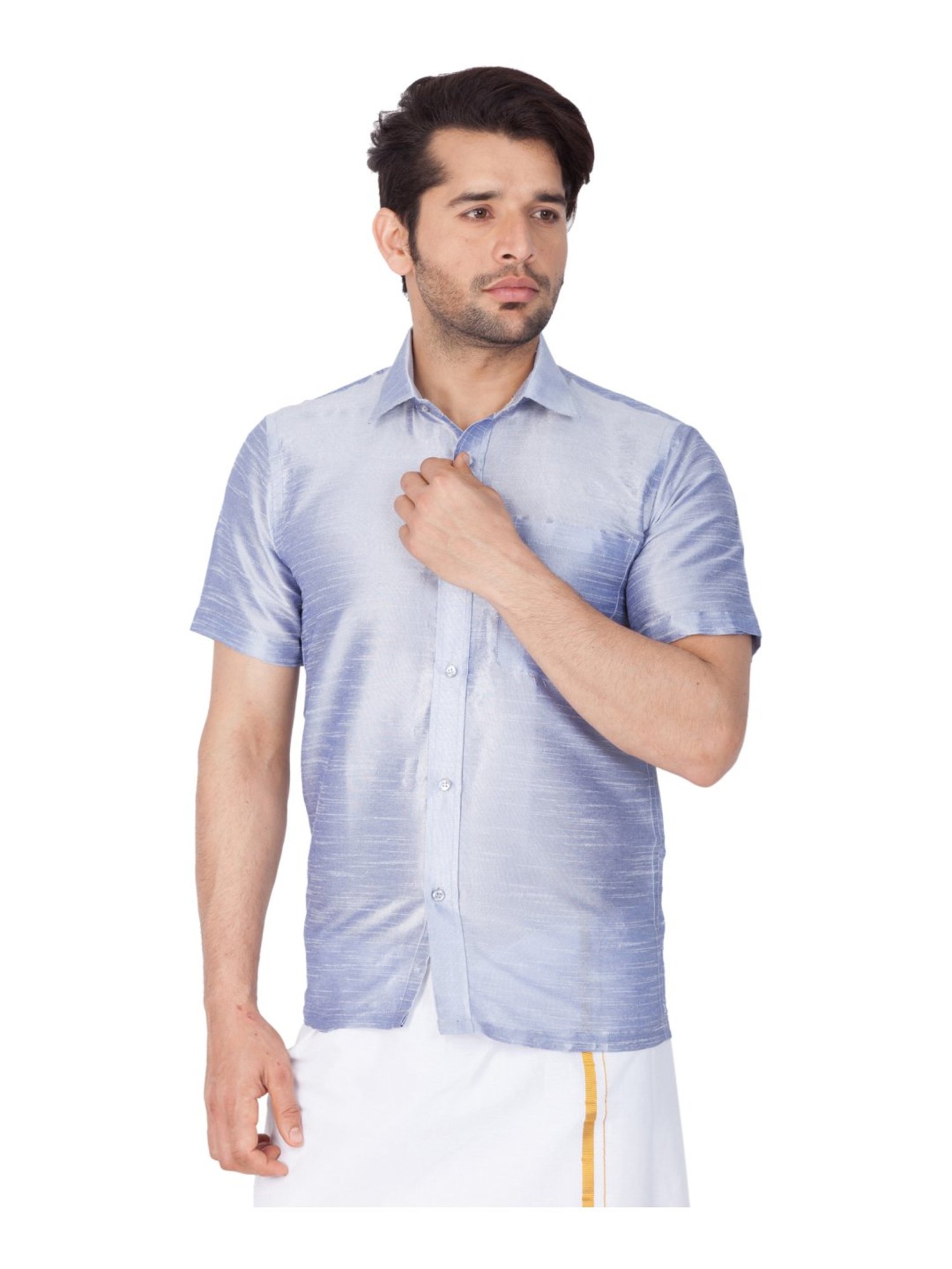 VASTRAMAY Sky Blue Straight Fit Self Pattern Ethnic Shirt
