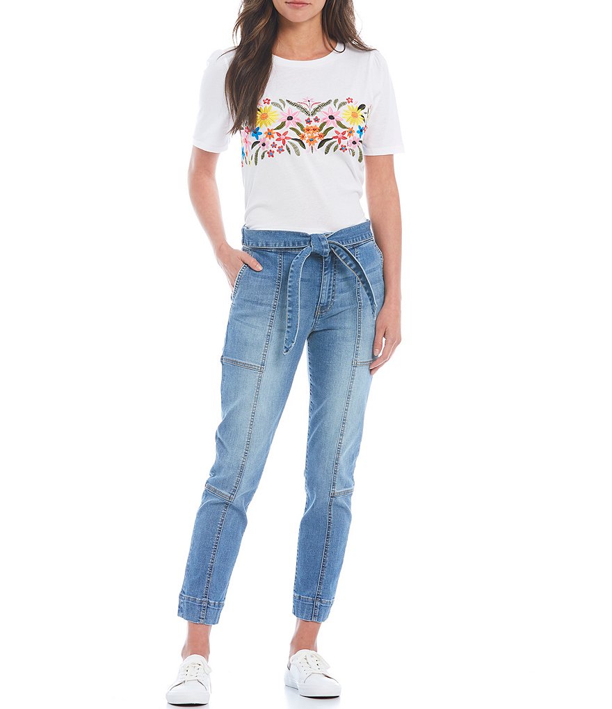 KUT from the KLOTH Reese High Rise Self Tie Belt Straight Leg Paneled Ankle Jeans