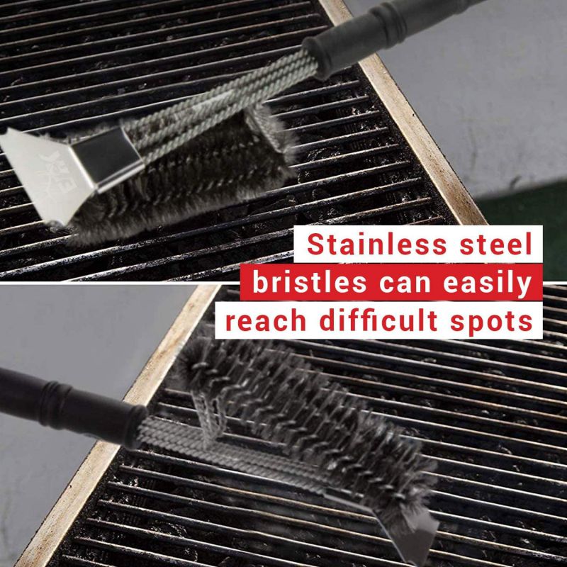 ELK Grill Brush and Scraper BBQ Brush Set, Safe 17" Stainless Steel Woven Wire 3 in 1 Bristle Grill Cleaning Brush for Weber and All Gas/Charcoal Grilling Grates - BBQ Tools and Grill Accessories