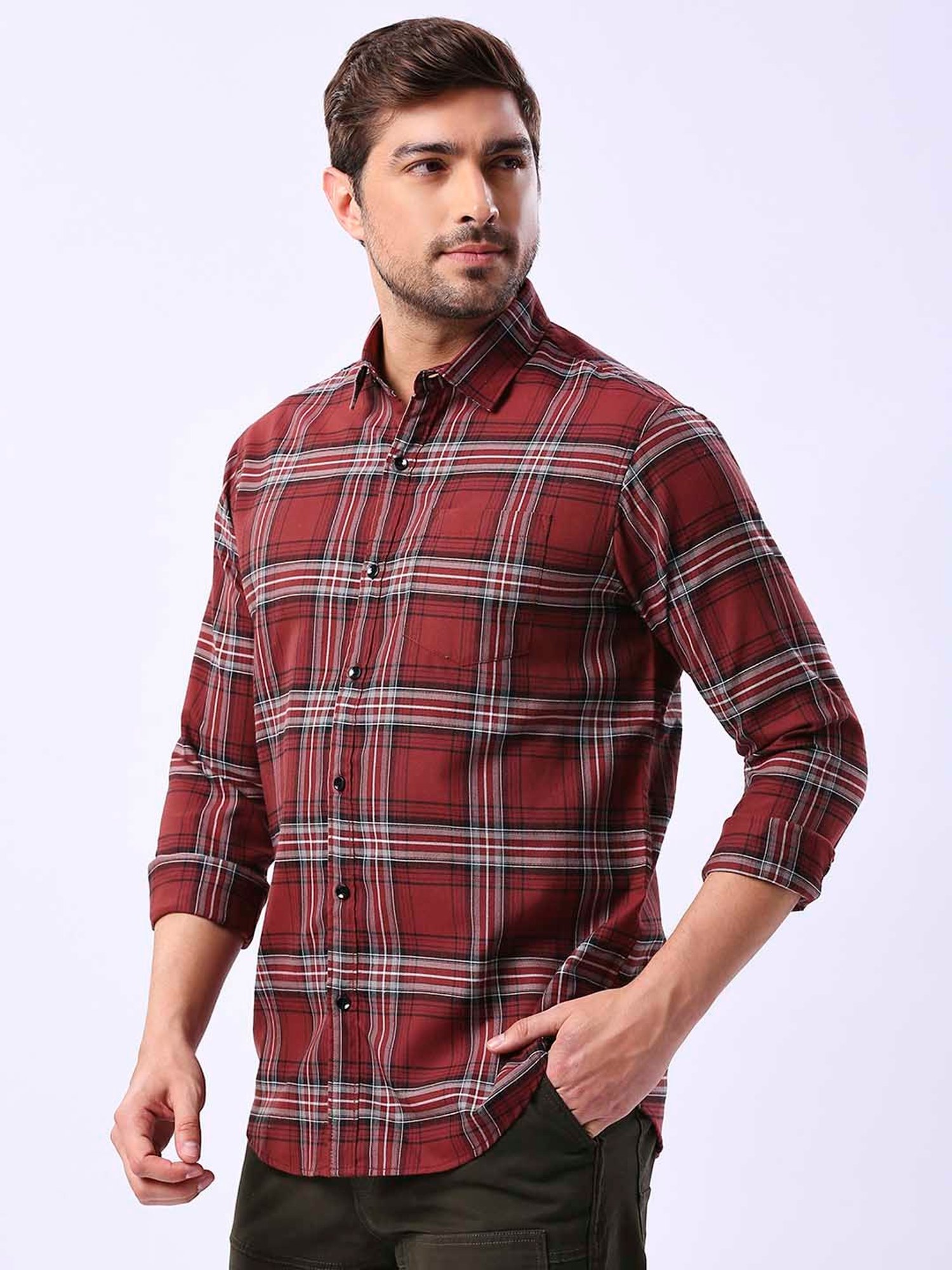 HJ HASASI Red Slim Fit Check Cotton Shirt