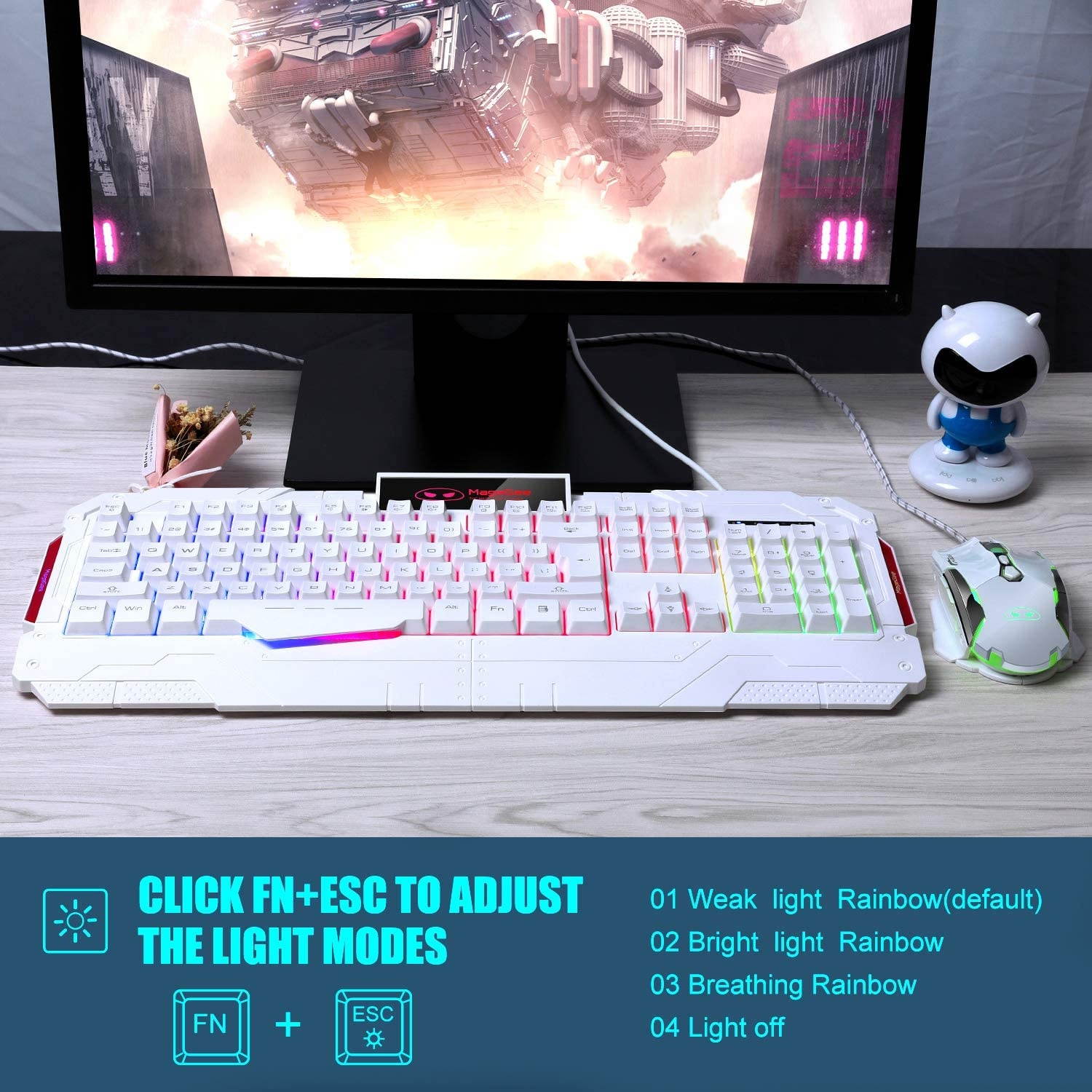 PC Gaming Keyboard and Mouse Combo, GK806 LED Rainbow Backlit USB Keyboard and Mouse Set, G7 Gaming Mouse and Keyboard 104 Key Computer PC Gaming Keyboard with Wrist Rest-White