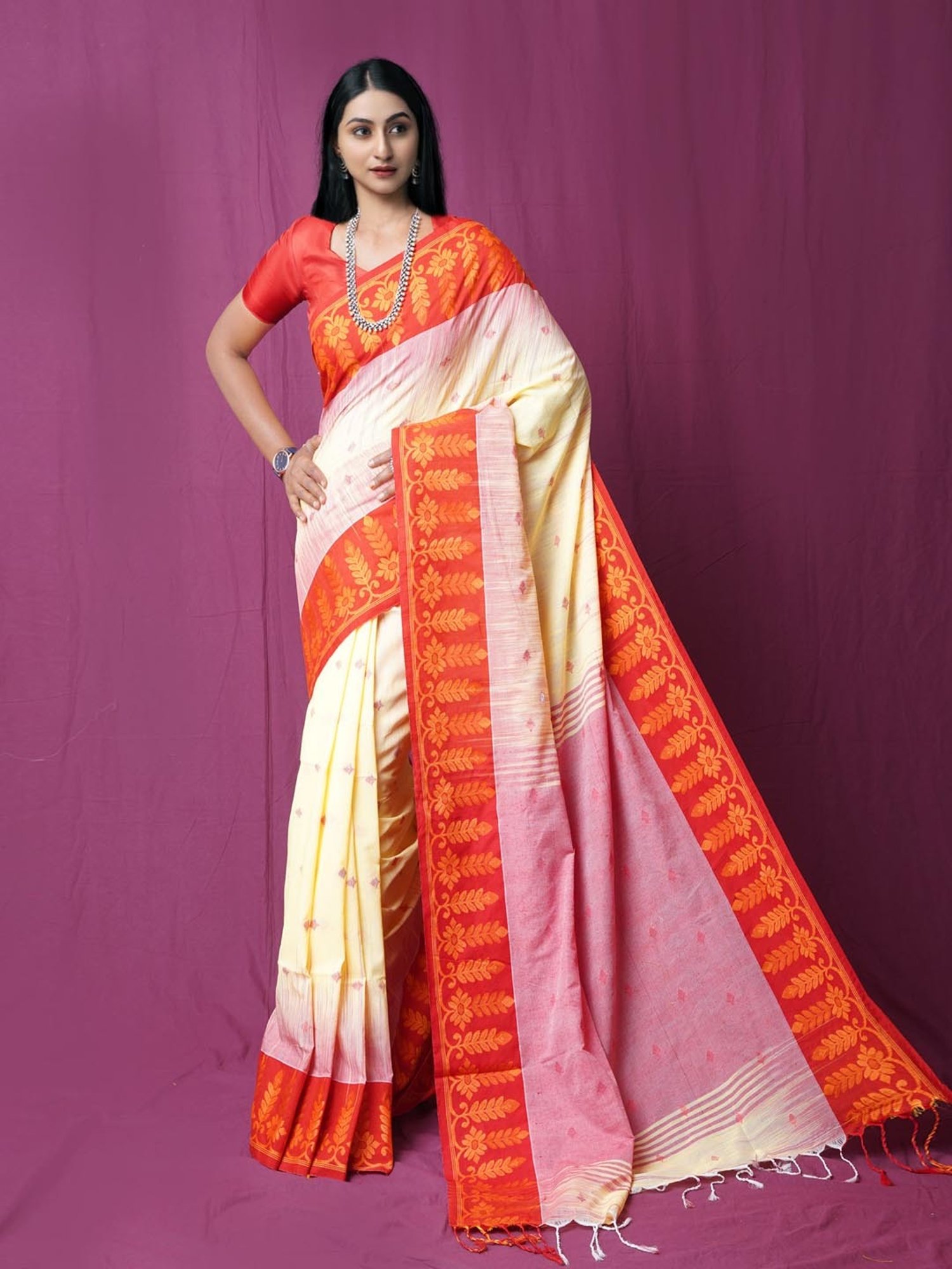 Unnati Silks Cream & Orange Linen Woven Saree With Unstitched Blouse