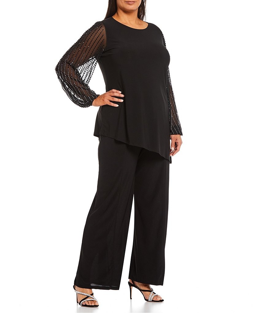 Marina Plus Size Beaded Long Sleeve Jewel Neck 2-Piece Pant Set