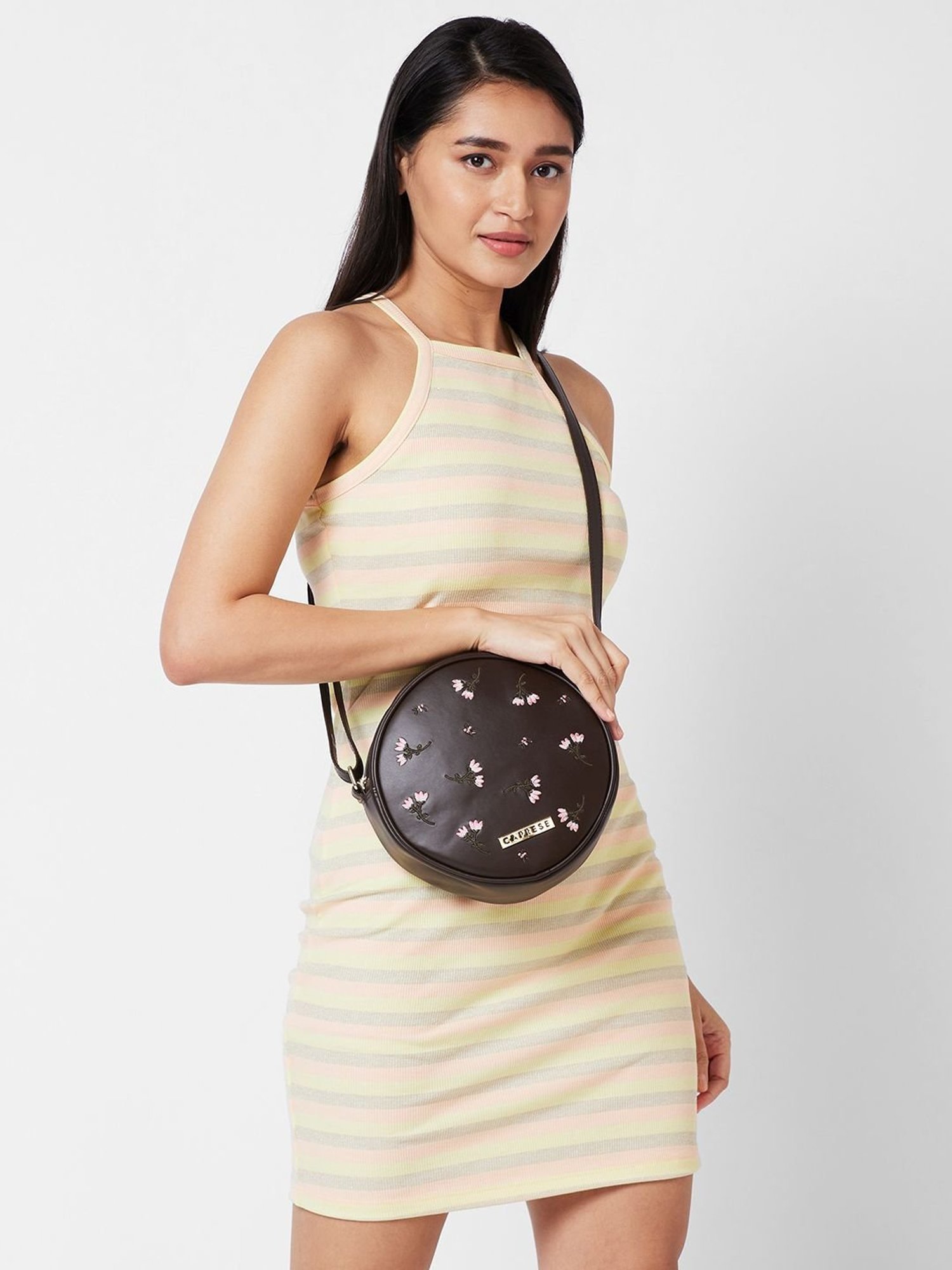 Caprese Dara Brown Faux Leather Embroidered Sling Handbag