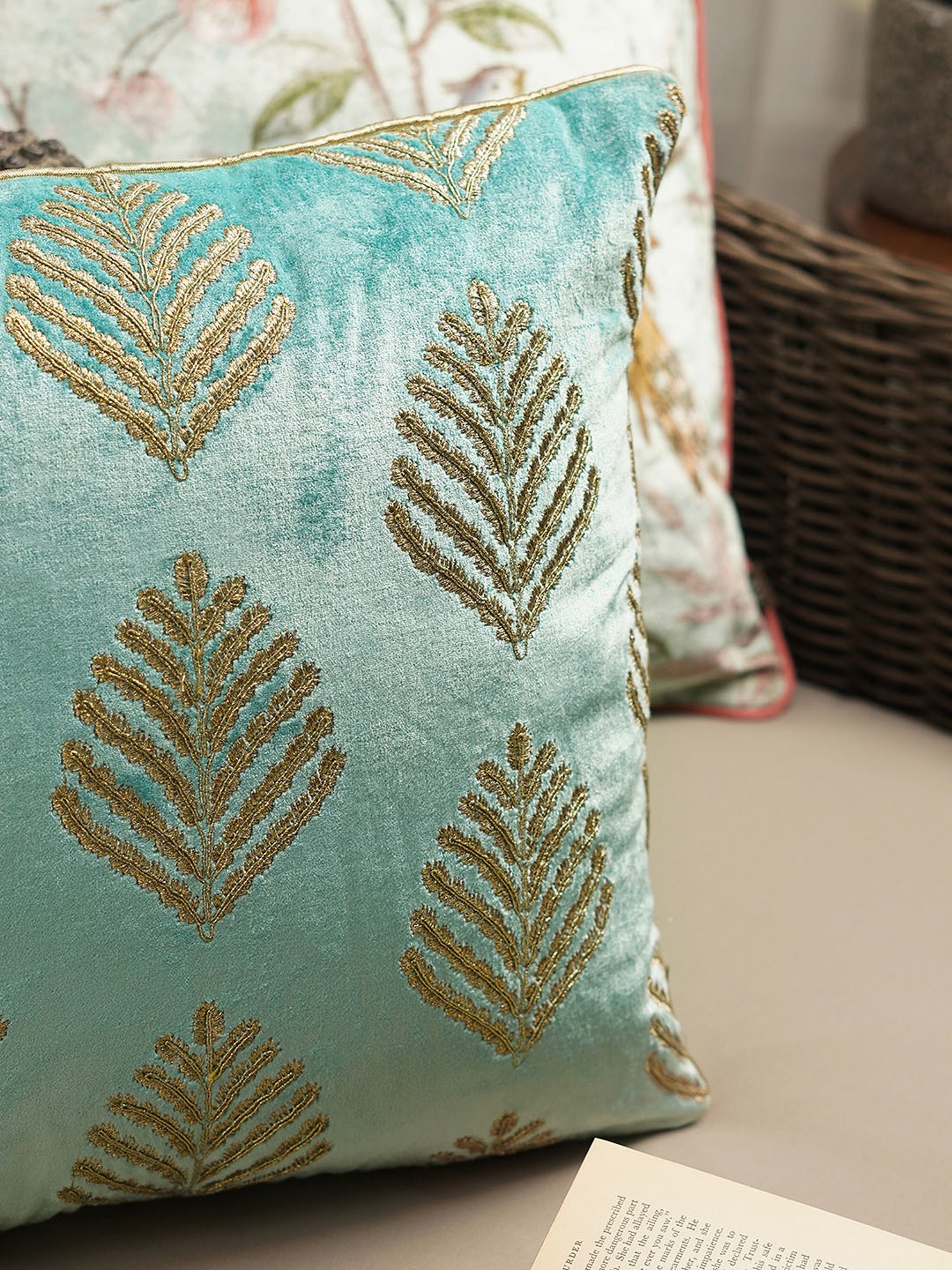 Pure Home and Living Blue Cotton Embroidery Cushion Cover