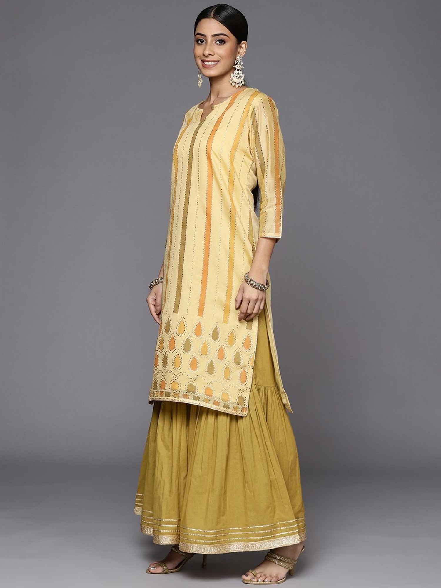KSUT Yellow Printed Kurta Sharara Set With Dupatta