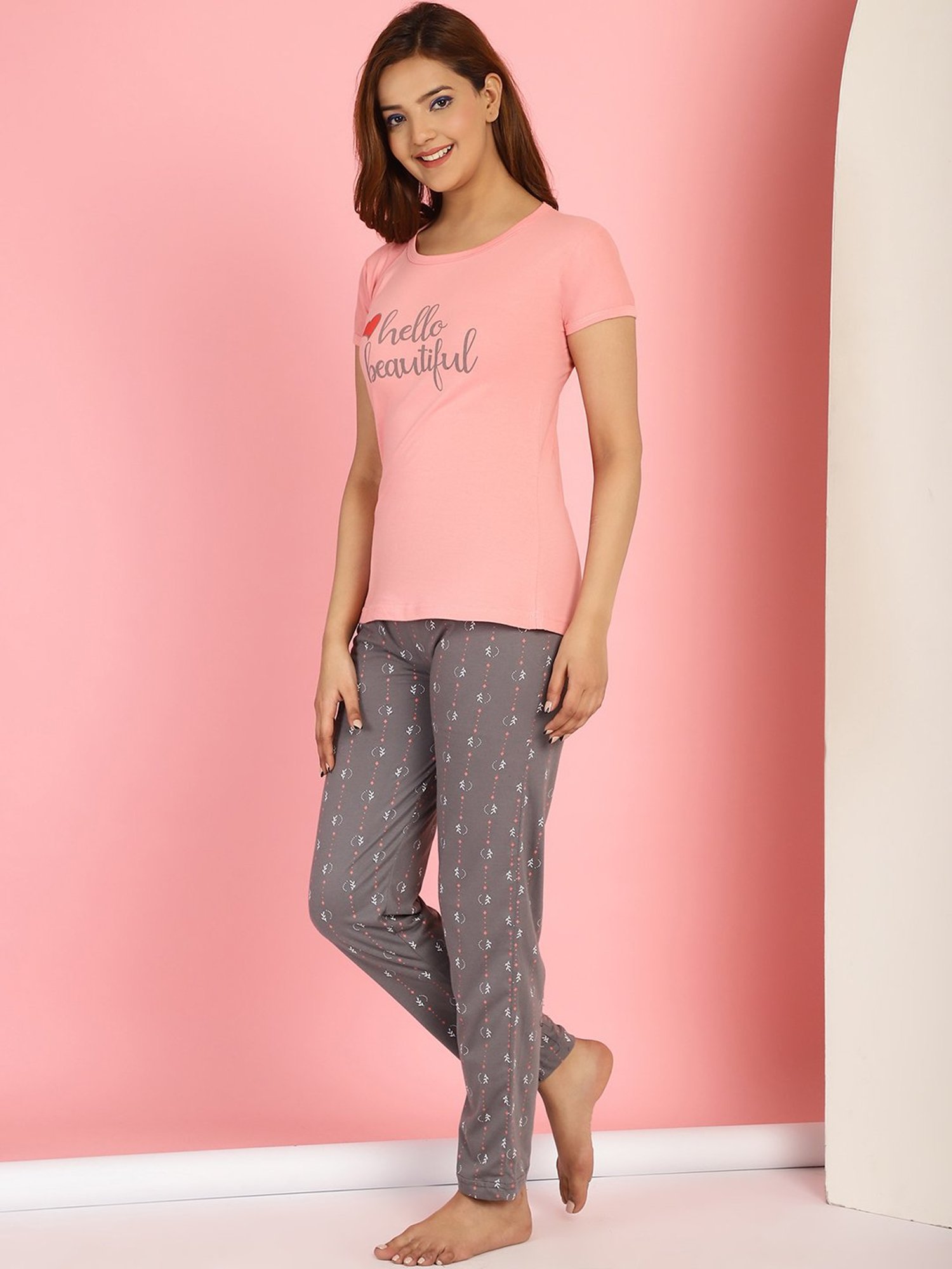 Gracit Pink & Grey Cotton Printed Top With Pyjamas