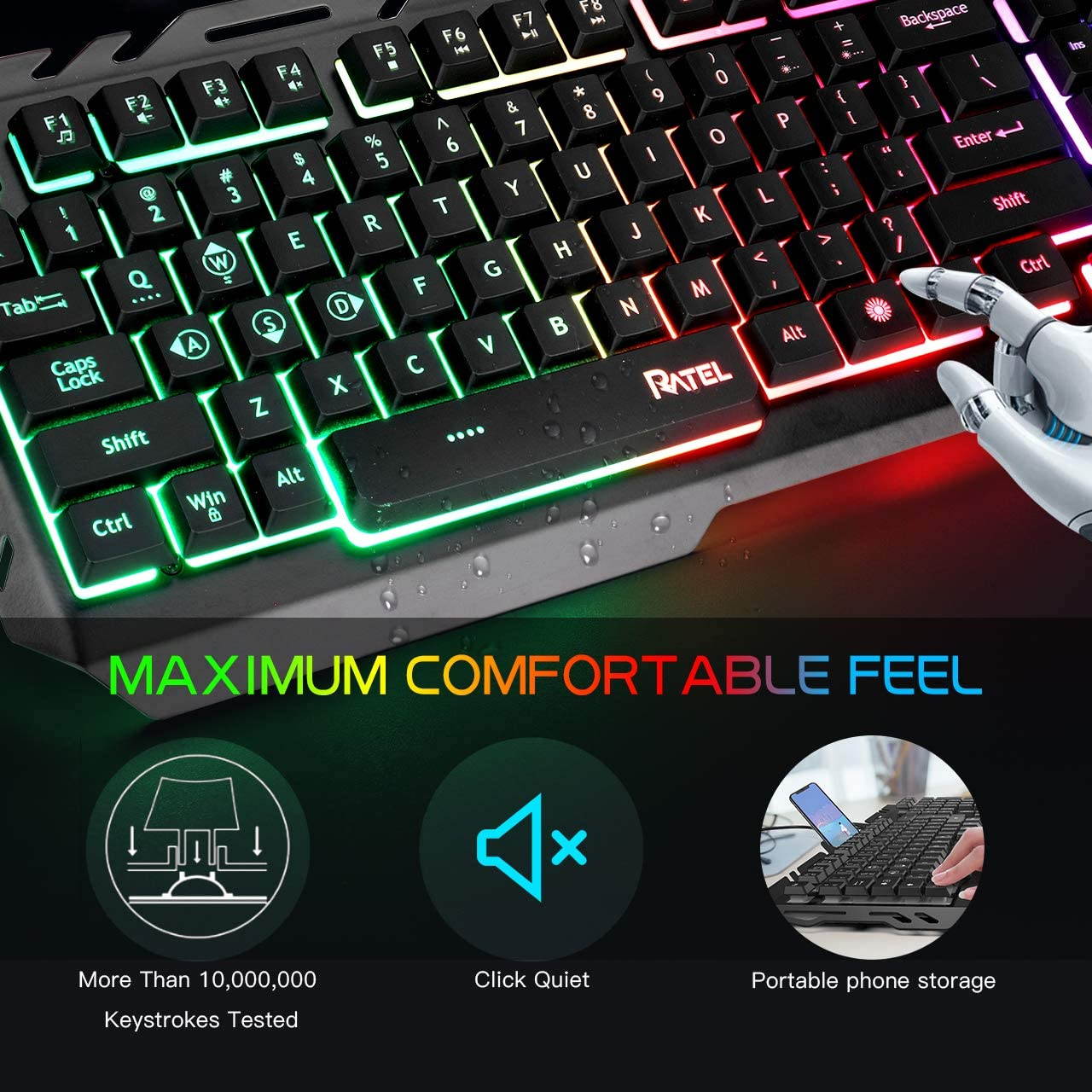 Gaming Keyboard, All-Metal Panel with Mechanical Feeling Colorful Rainbow LED Backlit USB Computer Wired Keyboard for PC/MAC/Desktop Pro Gamer