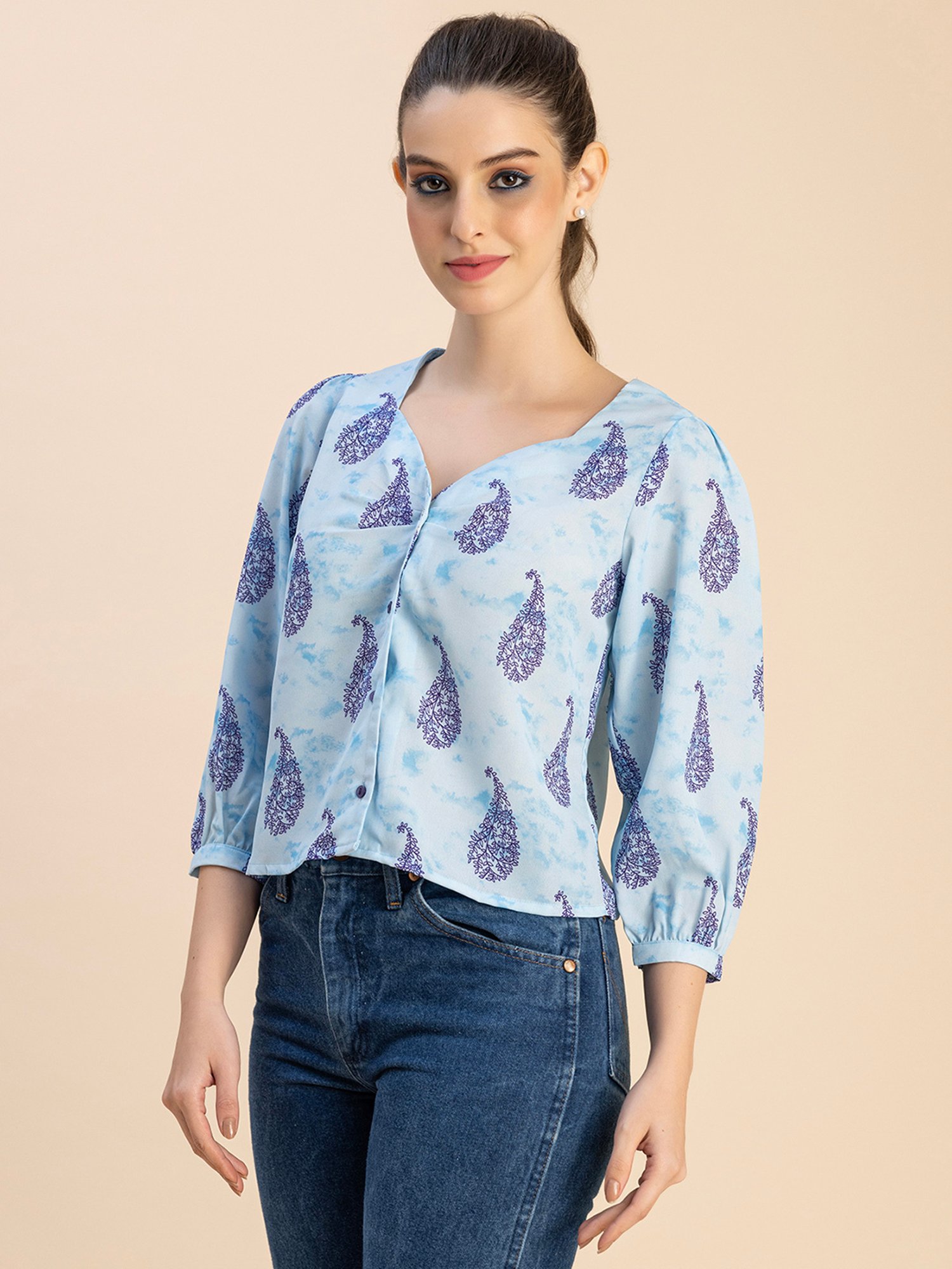 Moomaya Light Blue Printed Crop Top