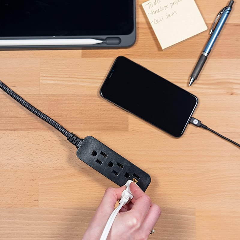 Designer Extension Cord with Sur Protection Braided Power Cord 15 ft 3 Grounded Outlets Flat Plug Premium BlackGrey 44237