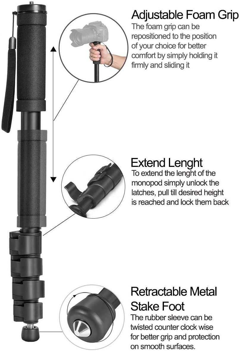 62 Inch Monopod with Integrated Safety Strap and 4 Section Extending Pole for All Digital Cameras DSLR Mirrorless Compact Cameras and Camcorders