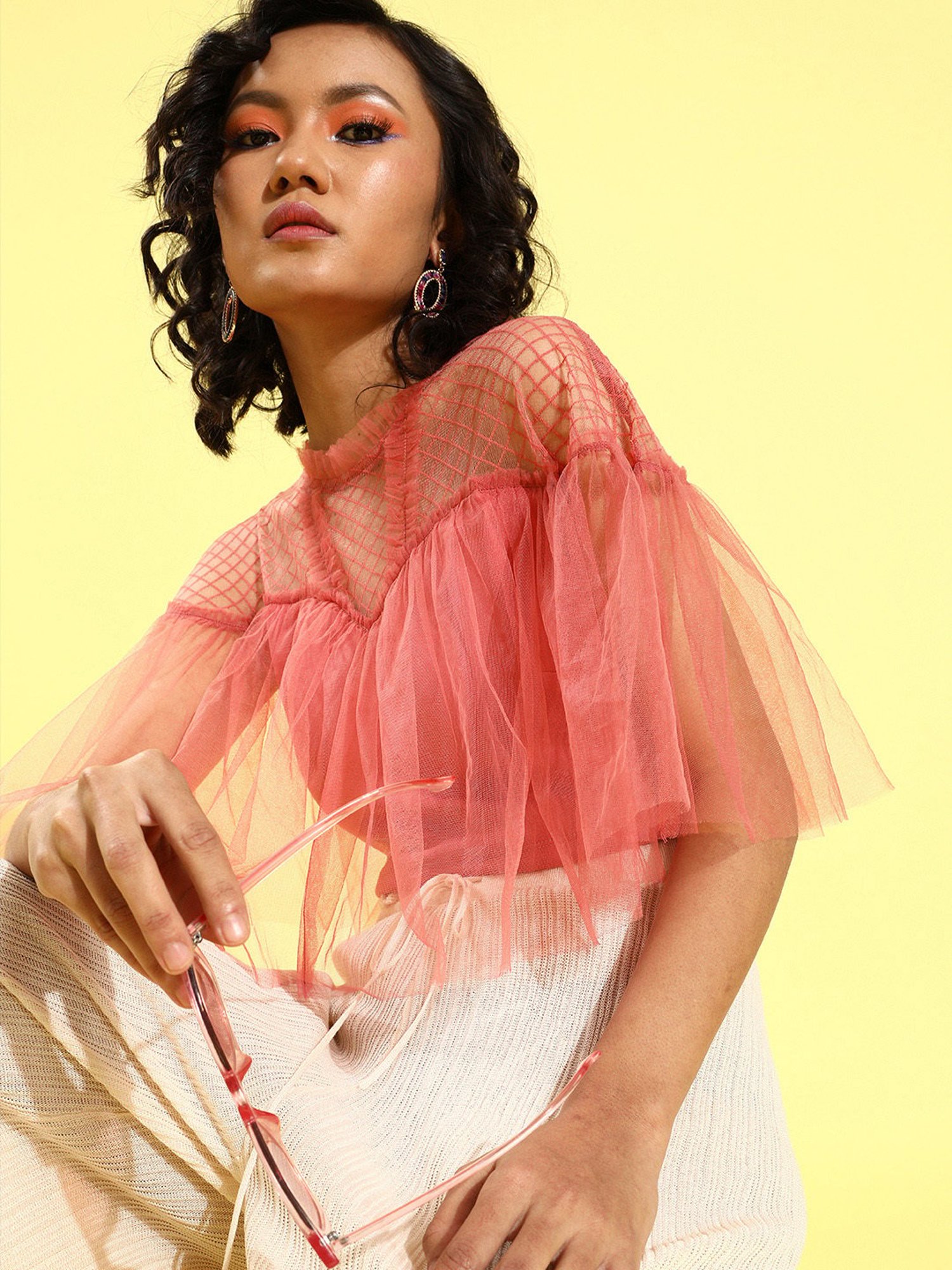 KASSUALLY Peach Lace Crop Top