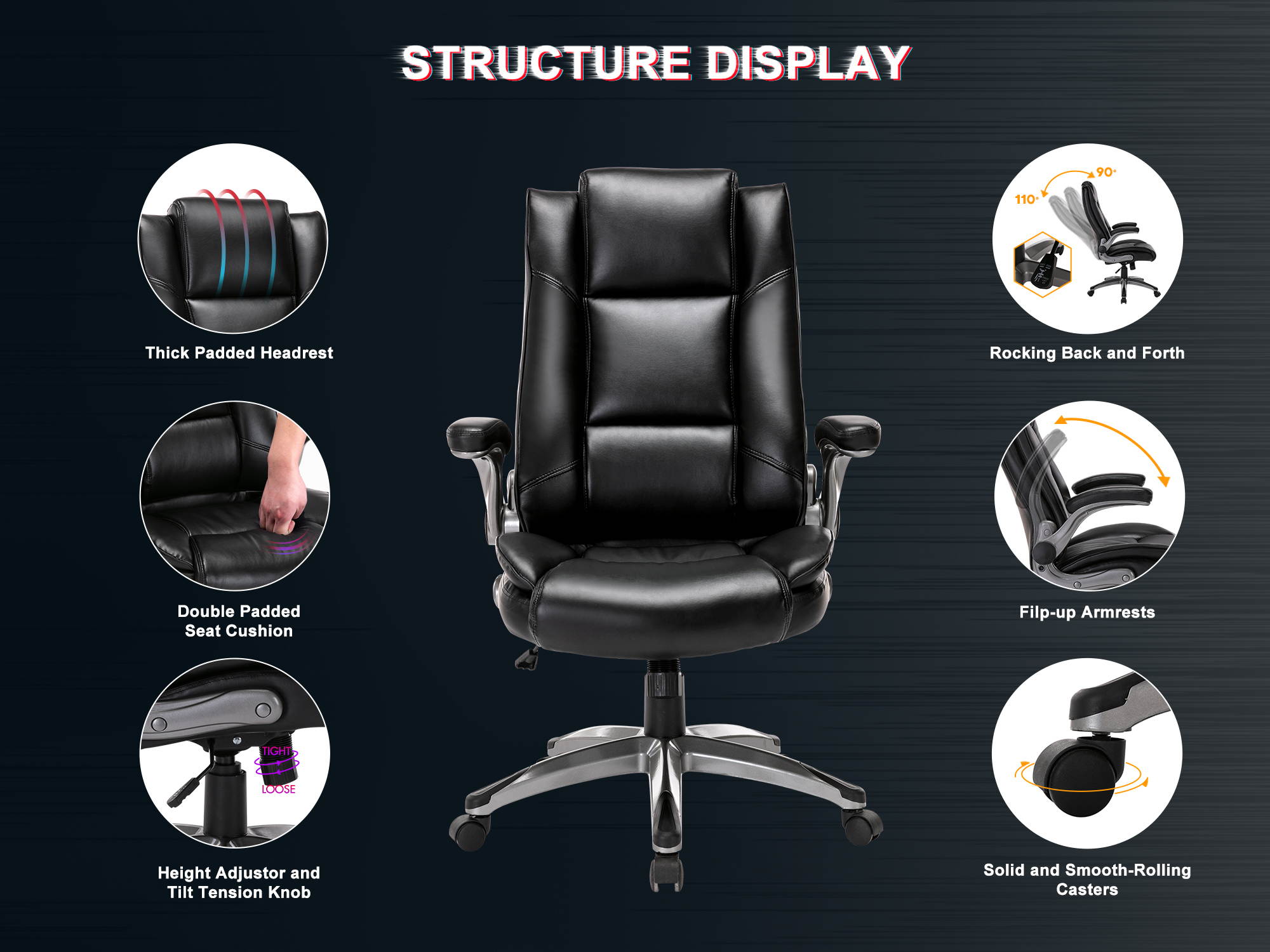 High Back Bonded Leather Ergonomic Office Chair Executive Swivel Computer Desk Chair - Flip Up Arms and Adjustable Tilt Angle Swivel Chair with Thick Padded Armrest and Headrest for Home&Office