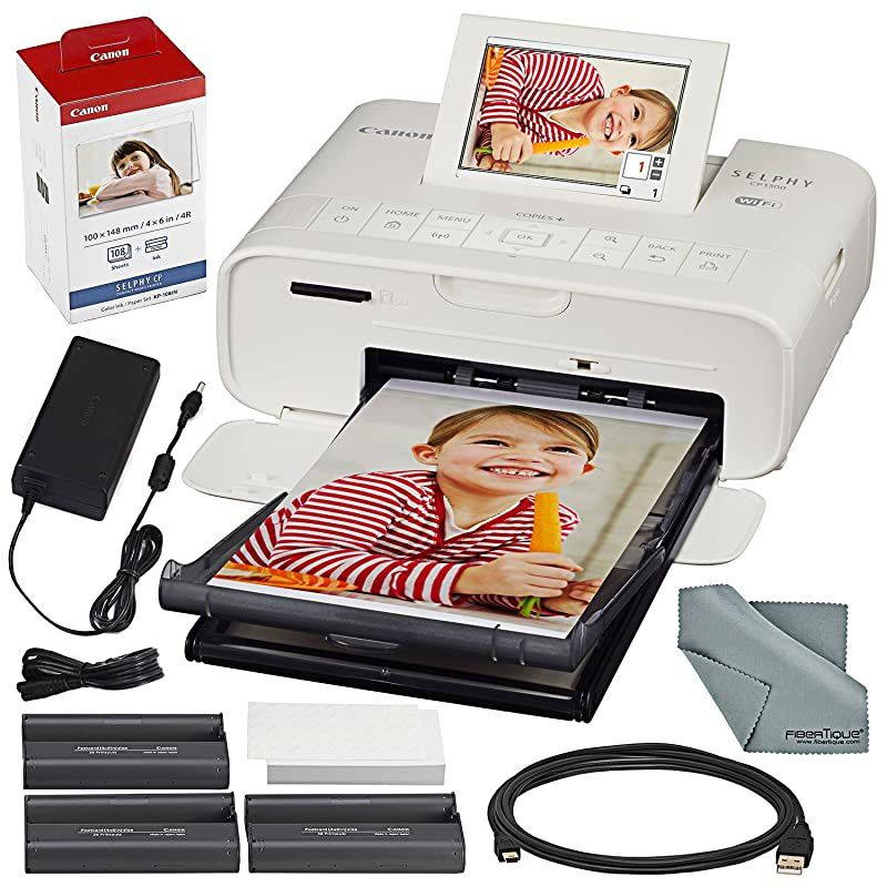 SELPHY CP1300 Compact Photo Printer (White) with WiFi and Accessory Bundle w/ Color Ink and Paper Set