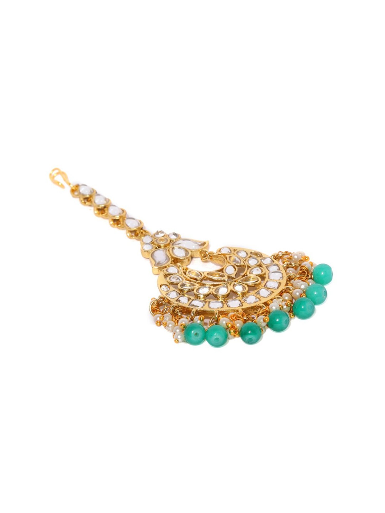 Zaveri Pearls Green & Clear Alloy Earring & Maang Tikka Set