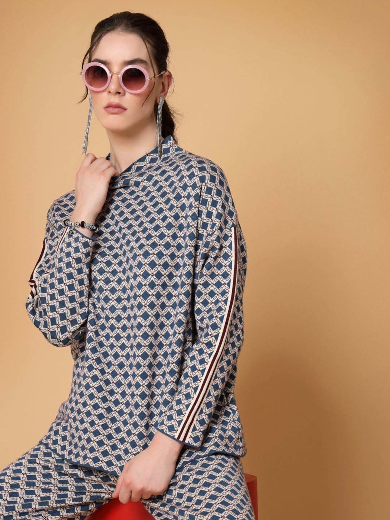 Mafadeny Blue Printed Top Pants Set