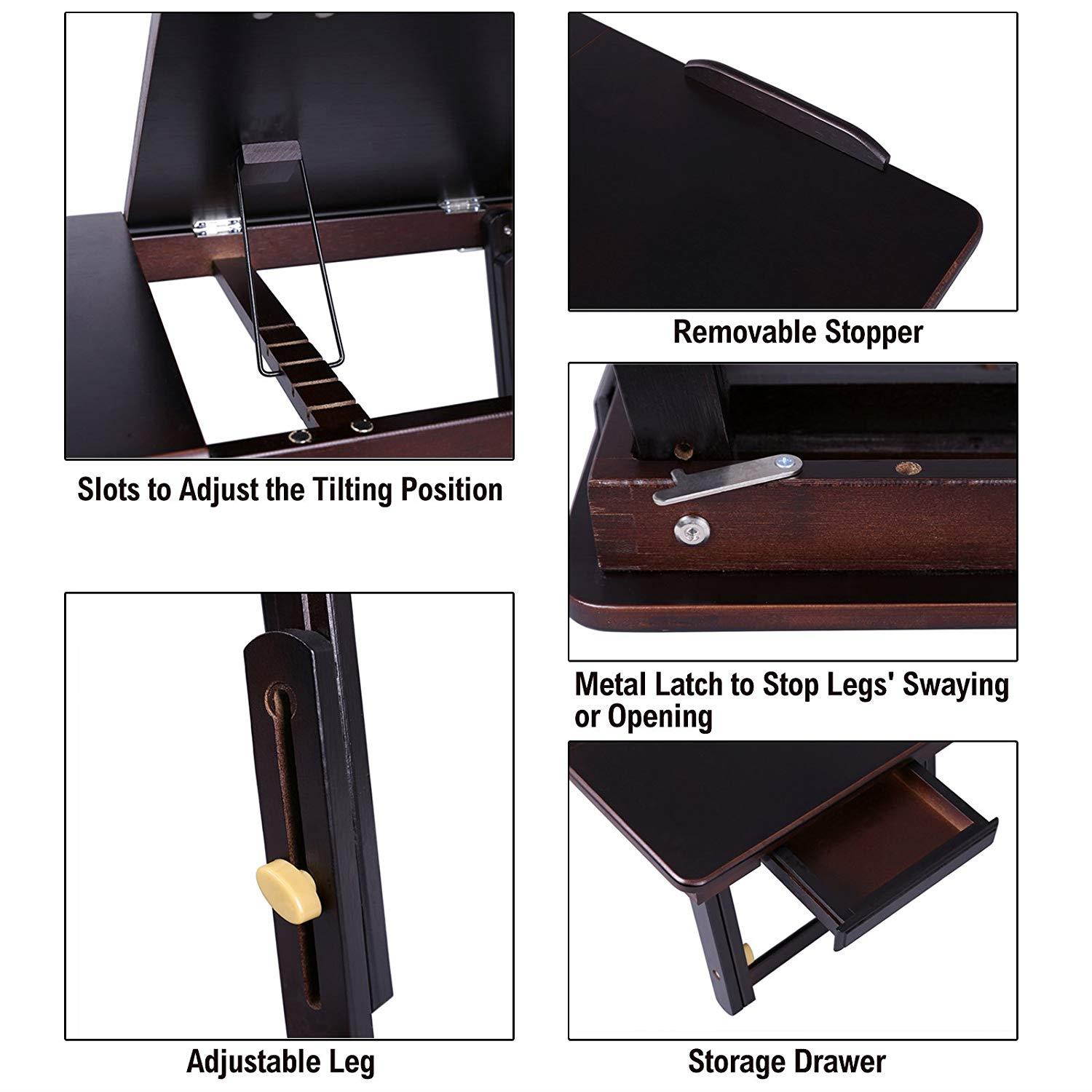 SONGMICS Multi Function Lapdesk,Adjustable Bed Tray,Foldable Breakfast Table Tilting Top with Storage Drawer for Surfing Reading Writing Eating Pre-assembled Bamboo Brown