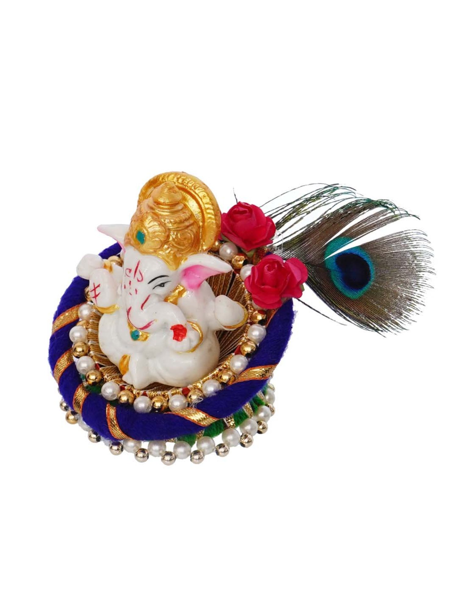 eCraftIndia Lord Ganesha Idol on Decorative Handcrafted Floral Plate for Home and Car