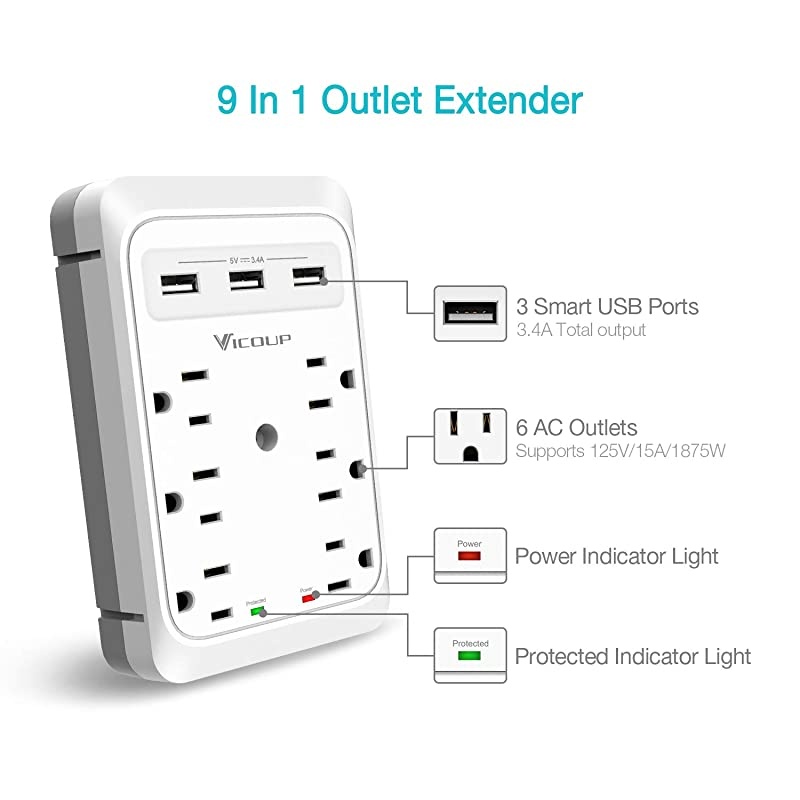 Multiple Outlet Wall Plug Surge Protector with 3 USB Ports Smart 34A Total 6 Outlet Extender Splliter Adapter for Dorm Room Home amp Office 1080Joules