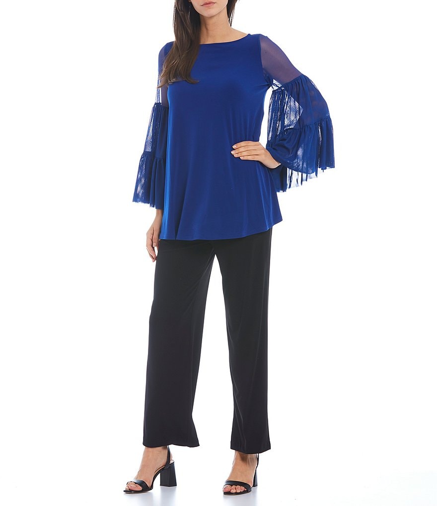 IC Collection Tiered Layer Mesh Bell Long Sleeve Boat Neck Knit Top