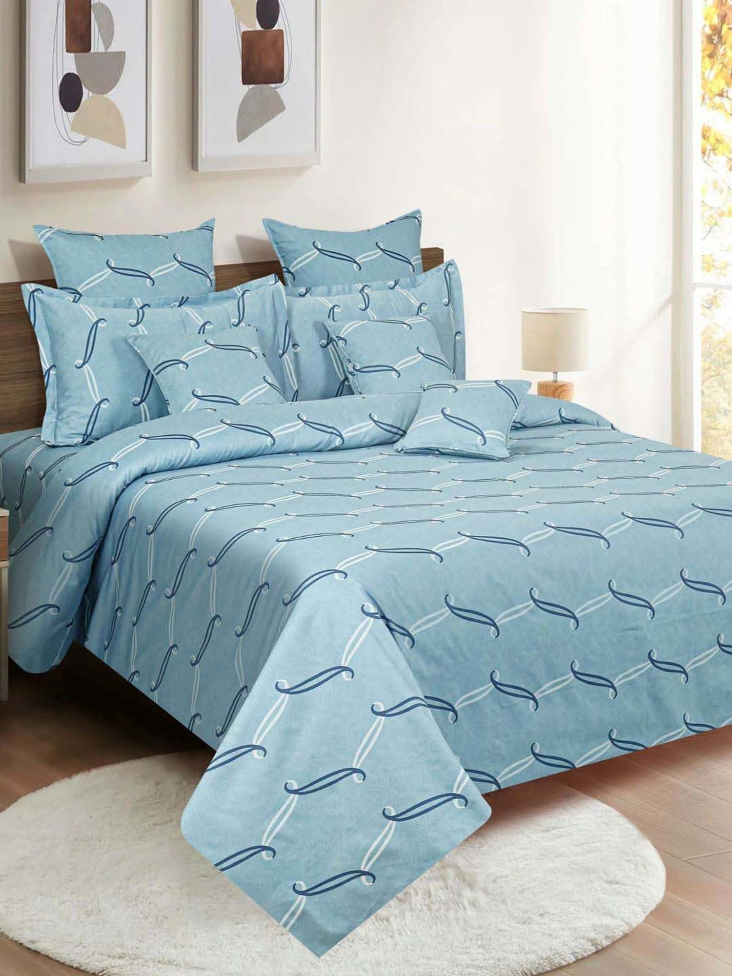 Swayam Blue Cotton 300 TC Double Size Bedsheet With Pillow Covers