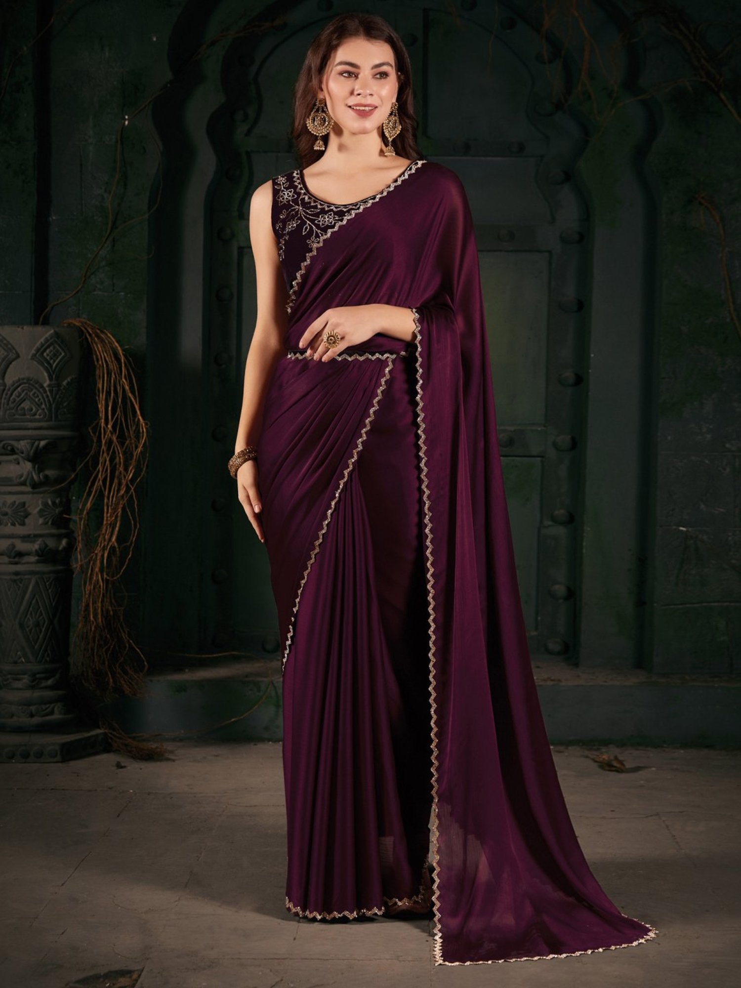 Saree Mall Purple Embellished Saree With Unstitched Blouse