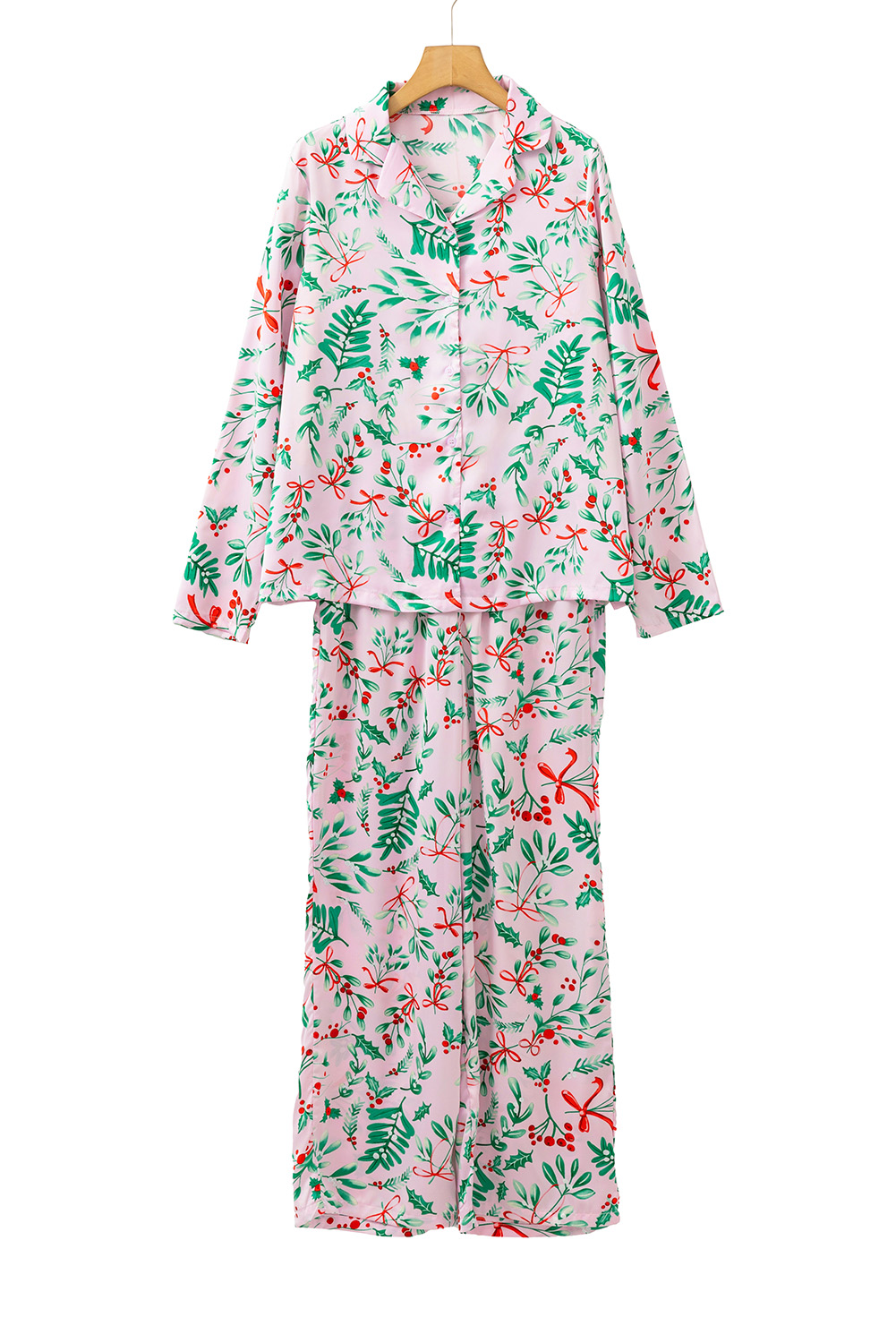 Pink Plants Print Plush Edge Collar Shirt Pants Pajama Set