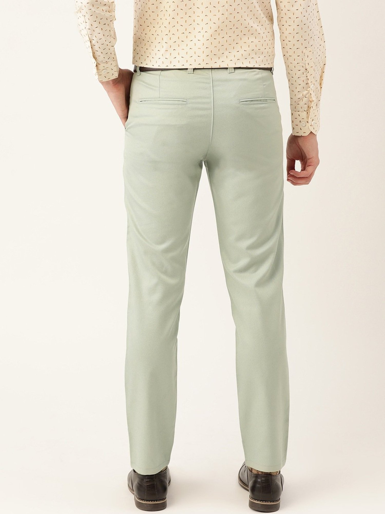 Sojanya Pista Green Cotton Regular Slim Fit Flat Front Trousers