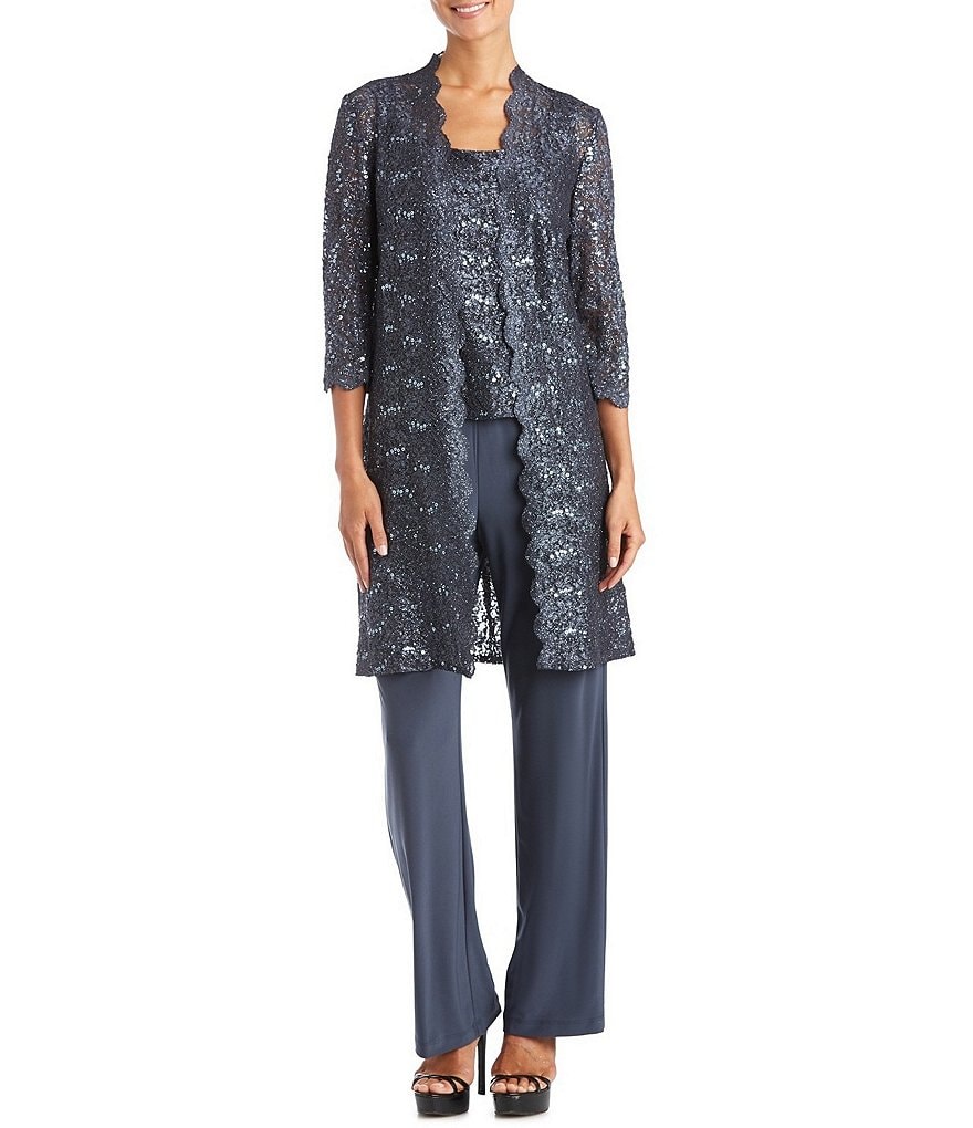 R & M Richards 3-Piece Sequin Glitter Scallop Lace Duster Pant Set