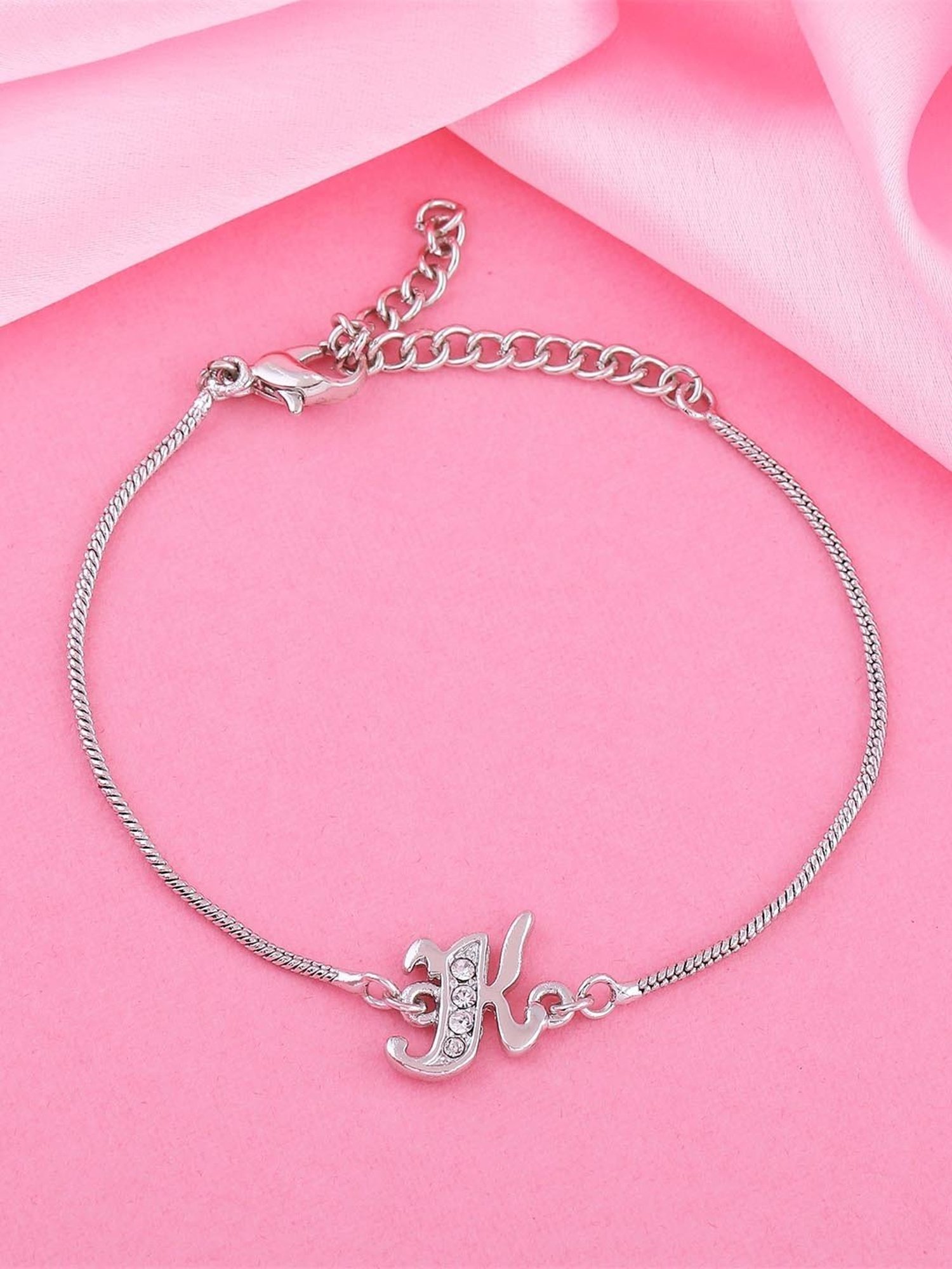 Estele Rhodium-Plated Artistic K Initial Bracelet with Crystals for Women