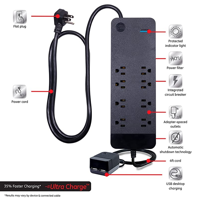 Black Power Strip Sur Protector Charr 8 Outlets 2 USB Ports Fast Char Flat Plug Long Cord 4ft 37231 4 ft