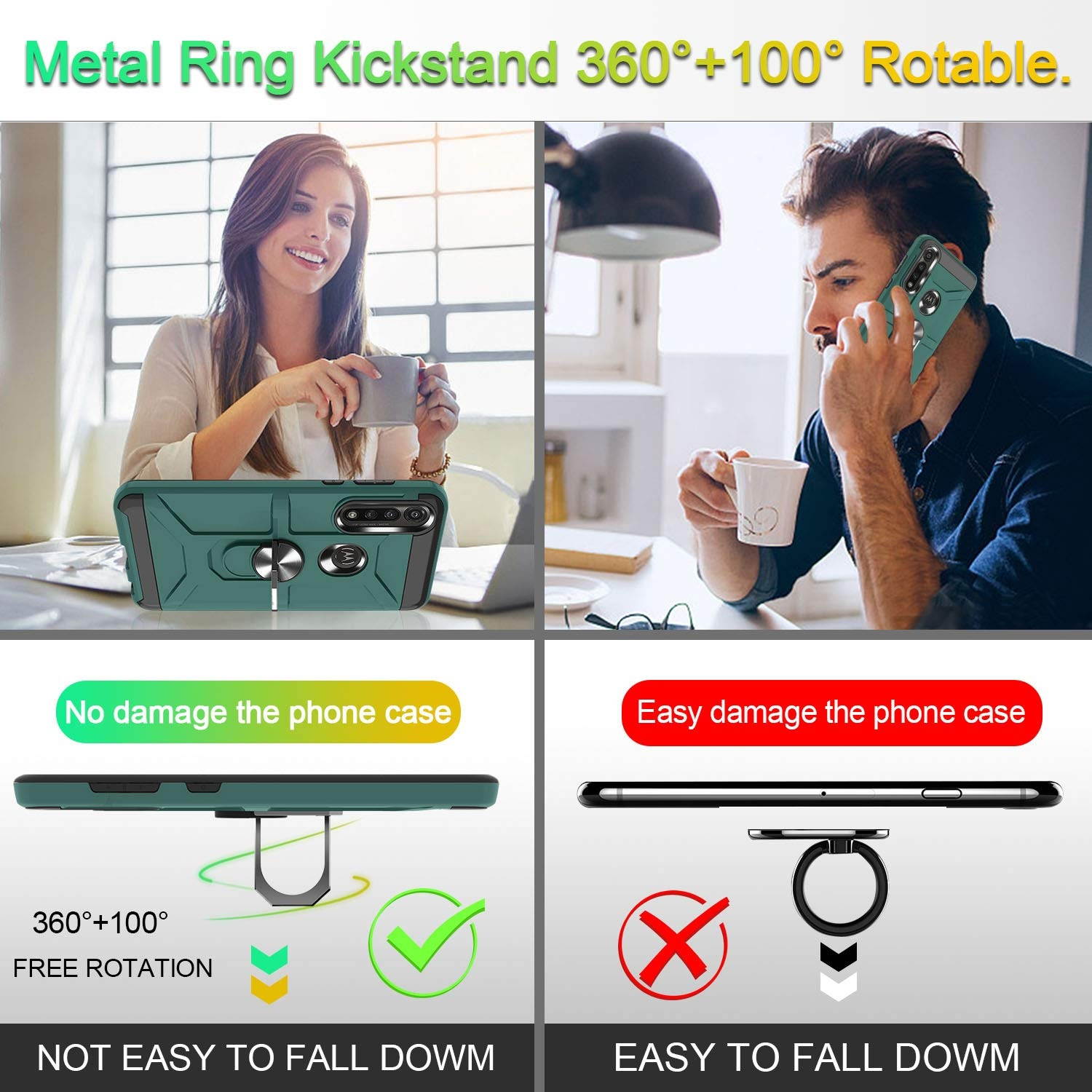 Moto G Power Case 2020 with HD Screen Protector, 360&deg; Rotation Ring Holder Kickstand [Work with Magnetic Car Mount] PC+ TPU Phone Case for Motorola Moto G Power, Midnight Green