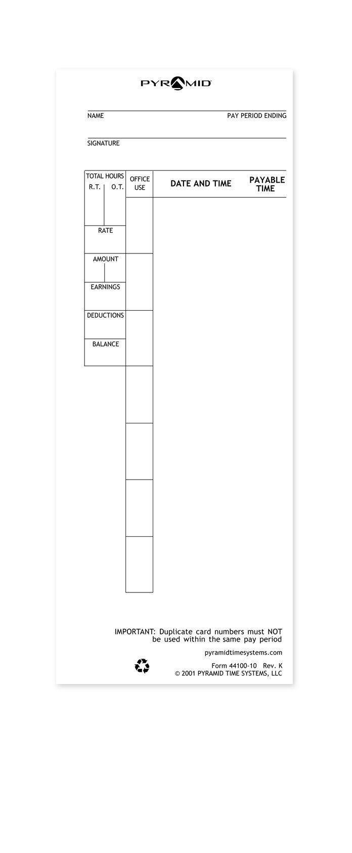 Pyramid Time Systems, 44100-10MB, 1,000 Count Genuine and Authentic Time Cards for 4000, 4000Pro, 4000ProK and 5000 Series Time Clocks from Pyramid, Time Cards