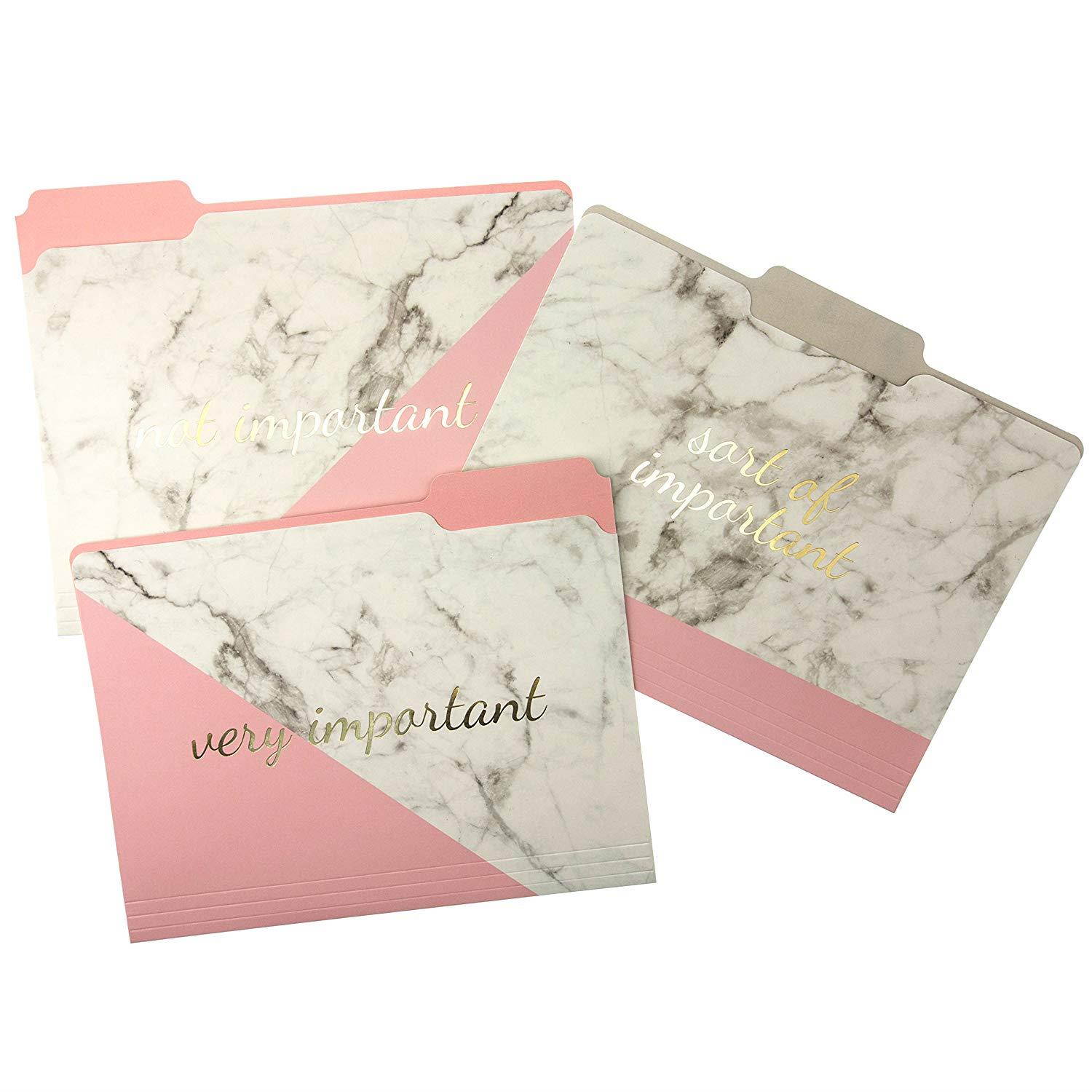 Graphique Blush Marble File Folder Set &ndash; File Set Includes 9 Folders and 3 Unique"Important" Designs, Embellished w/Gold Foil on Durable Triple-Scored Coated Cardstock, 11.75" x 9.5"