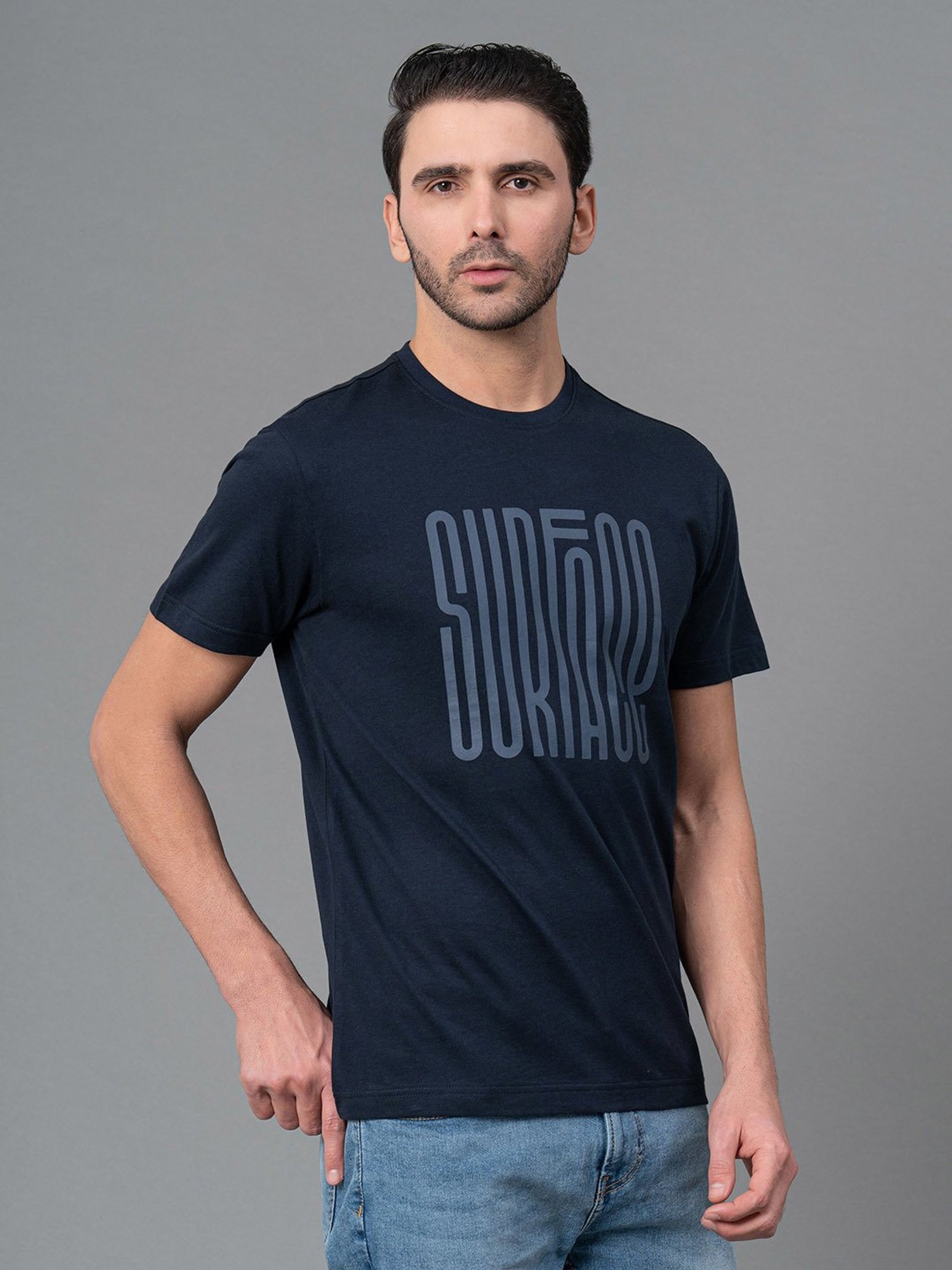 Red Tape Navy Regular Fit Graphic Print Cotton Crew T-Shirt