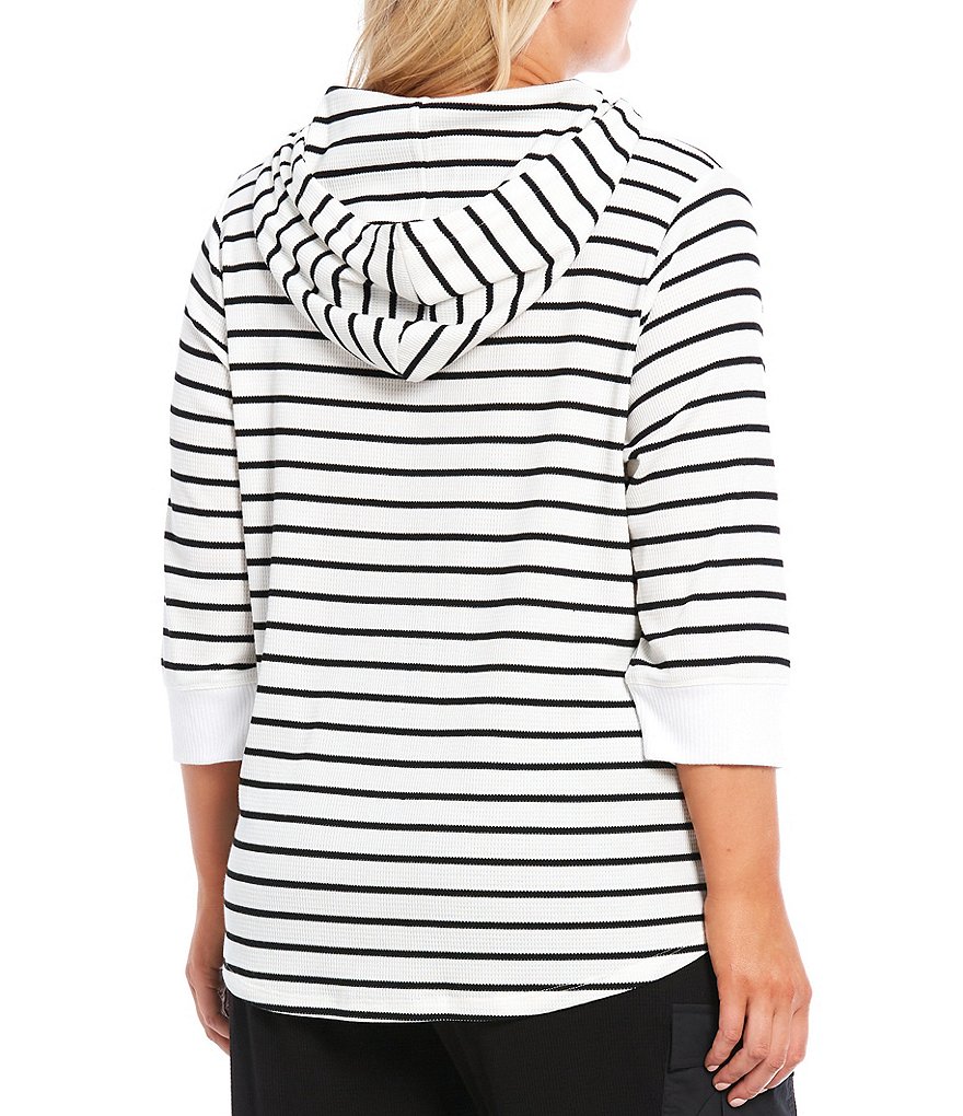 Calvin Klein Plus Size Stripe Print Knit 3/4 Sleeves Contrast Cuff Hoodie Pullover