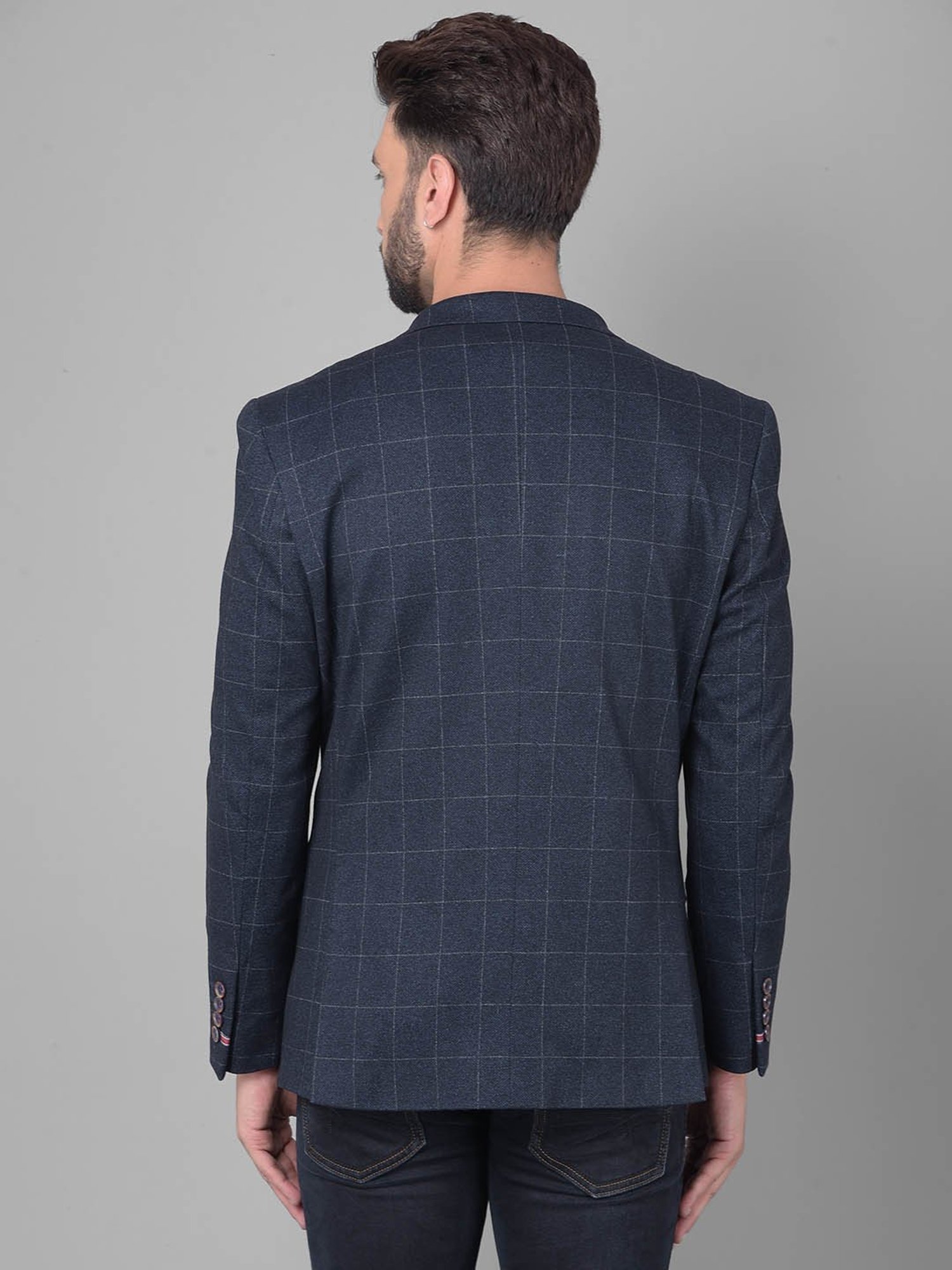 Crimsoune Club Navy Blue Slim Fit Checks Blazer