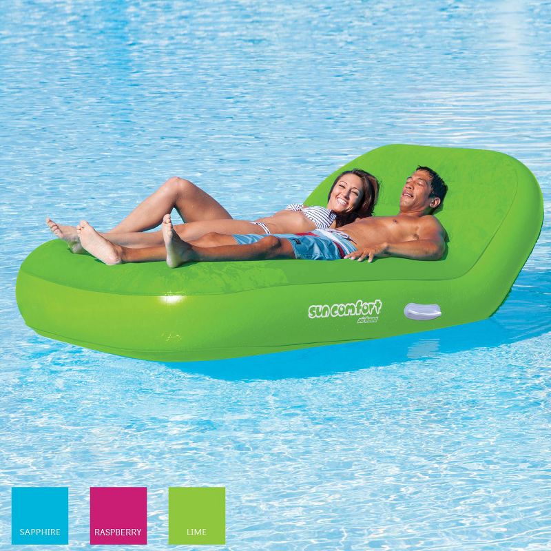 Airhead Sun Comfort Cool Suede Inflatable Double Chaise Floating Swimming Pool Lounge Float Seat, Lime Green
