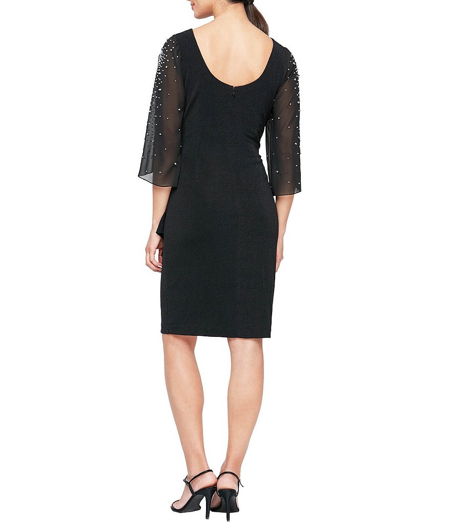 Alex Evenings Embellished Illusion Ruffle 3/4 Sleeve Jewel Neck Sheath Dress