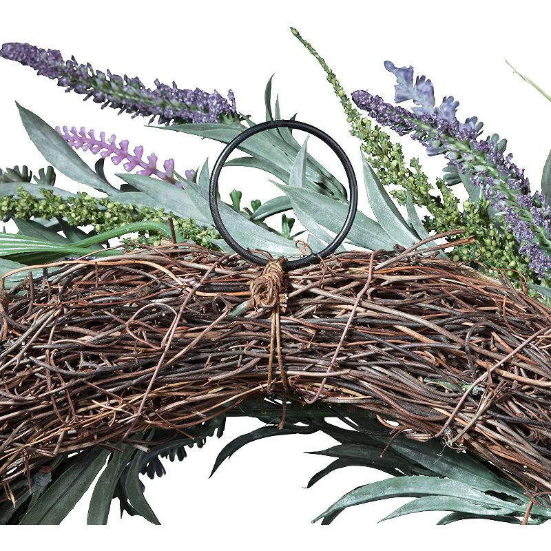 Haute Decor 24 Inch Indoor Outdoor Spring Floral Mix Natural Grapevine Wreath with Lavender and Leaves with Hanging Loop, Multicolor