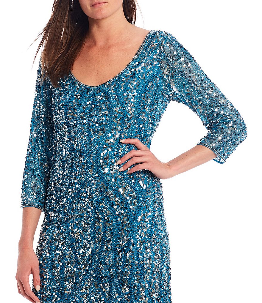 Pisarro Nights Beaded Mesh V-Back 3/4 Sleeve Sheath Gown