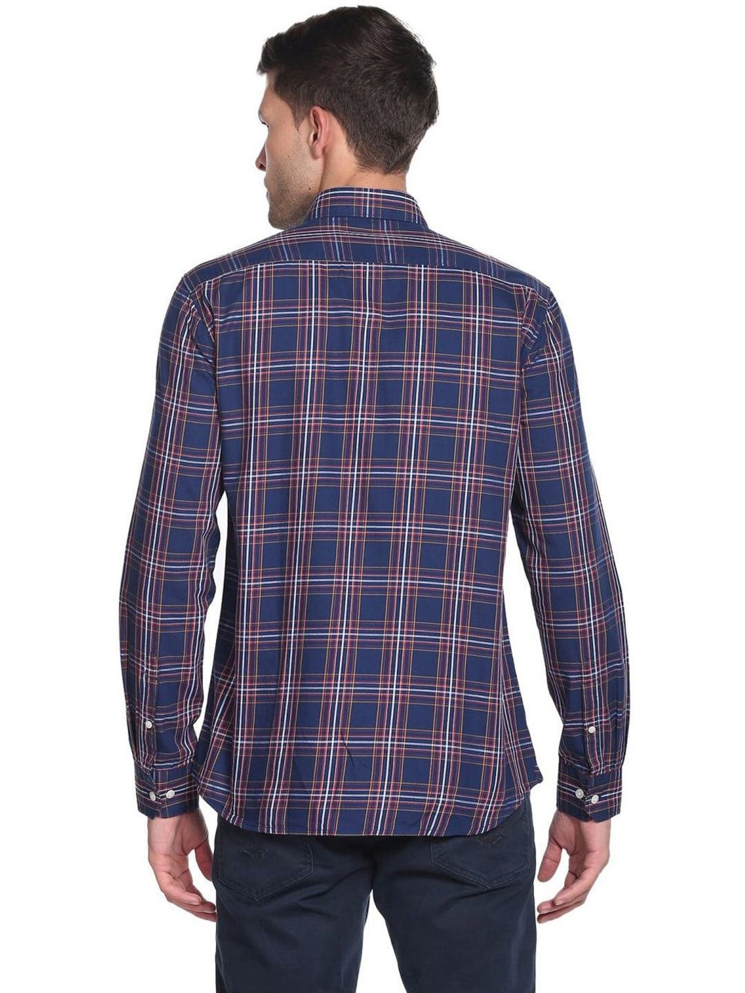Spykar Blue Cotton Slim Fit Checks Shirt