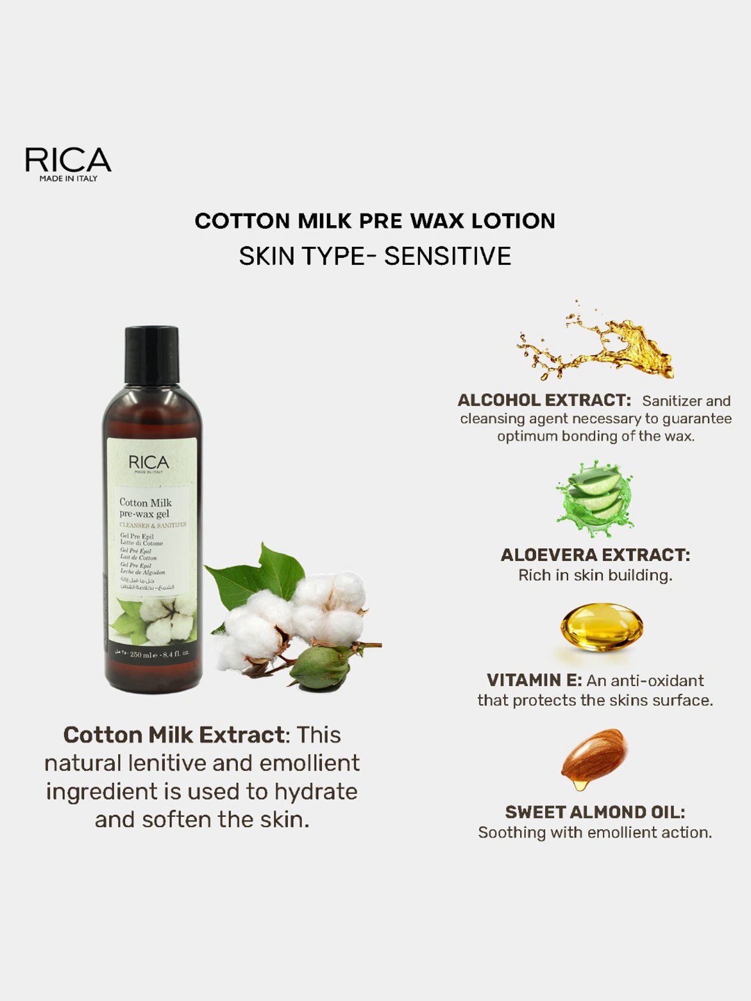 Rica Cotton Milk Pre -waxing Gel - 250 ml