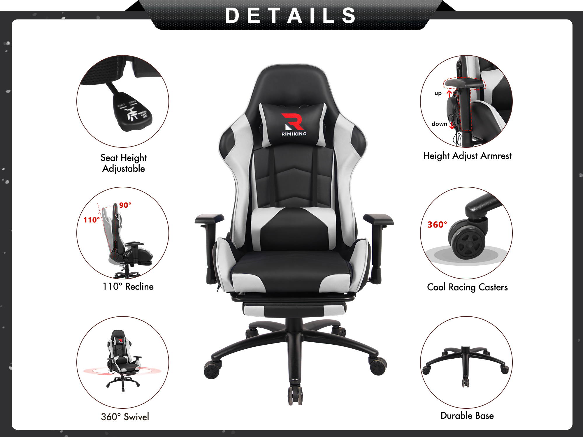 RIMIKINGMassage Gaming Chair with Retractable Footrest-Adjustable Lumbar Cushion Computer Office Racing Chair Headrest Swivel Rocking Desk Chair Ergonomic