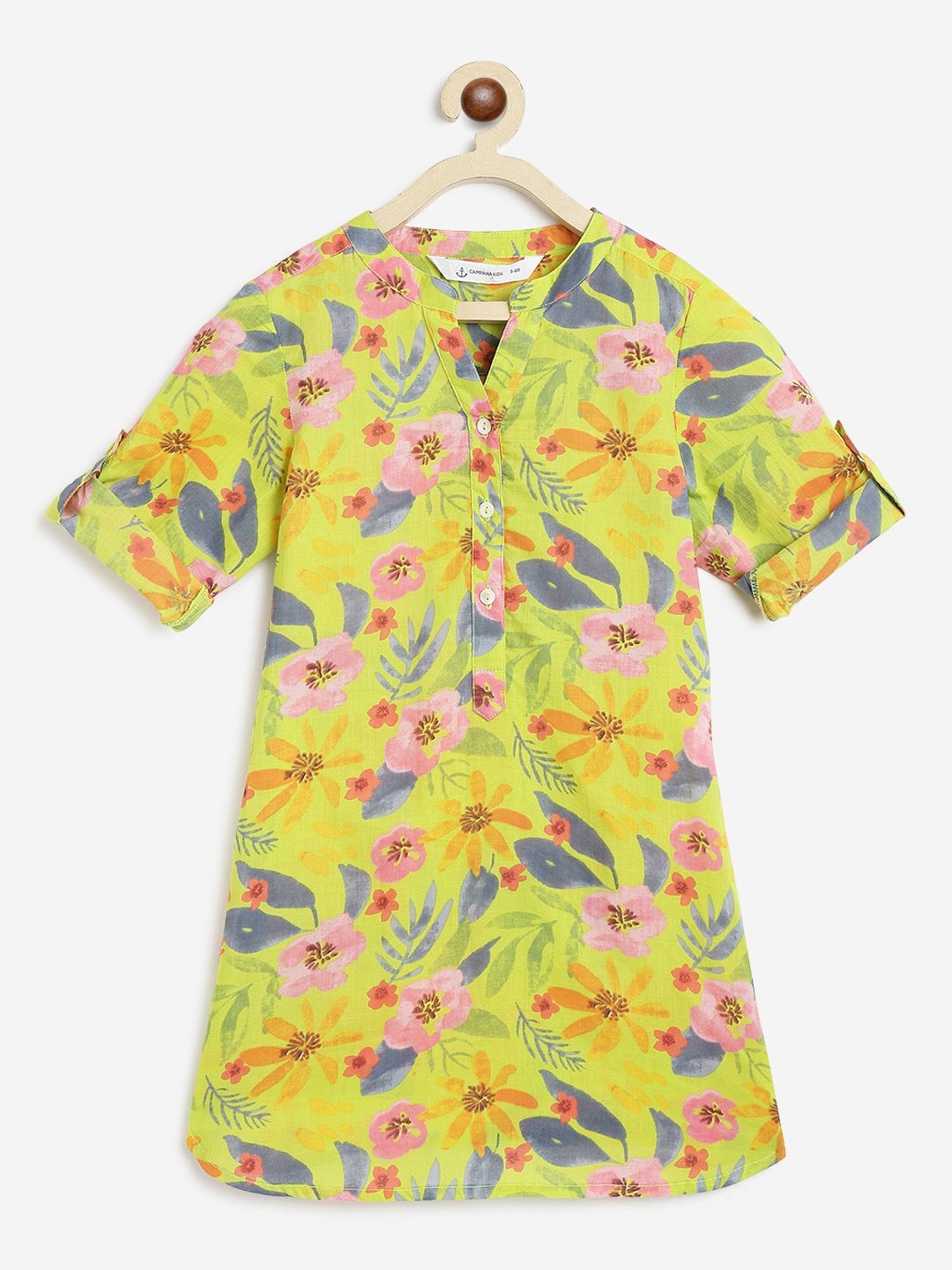 Campana Kids Lime Green Floral Print Kurta